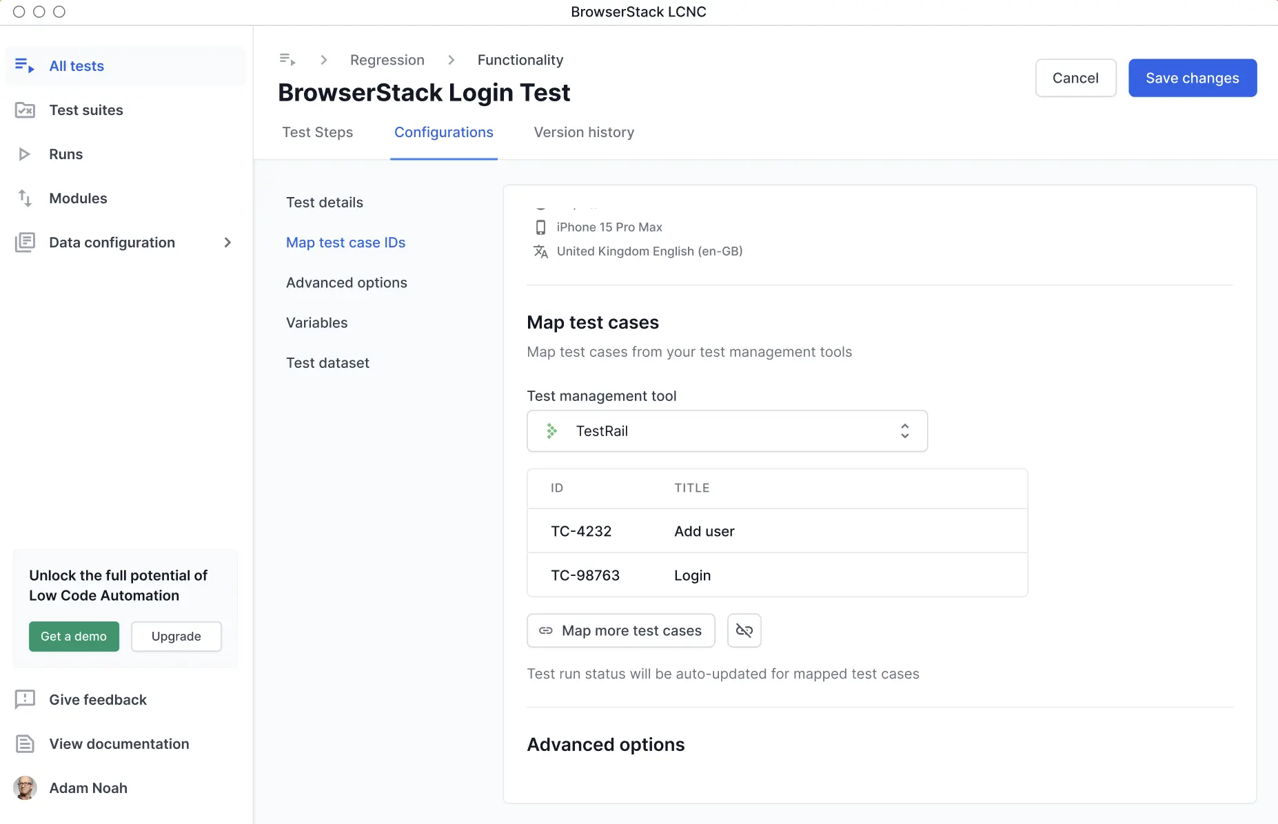 Mapped test cases listed in the configurations panel, showing TestRail IDs and titles.
