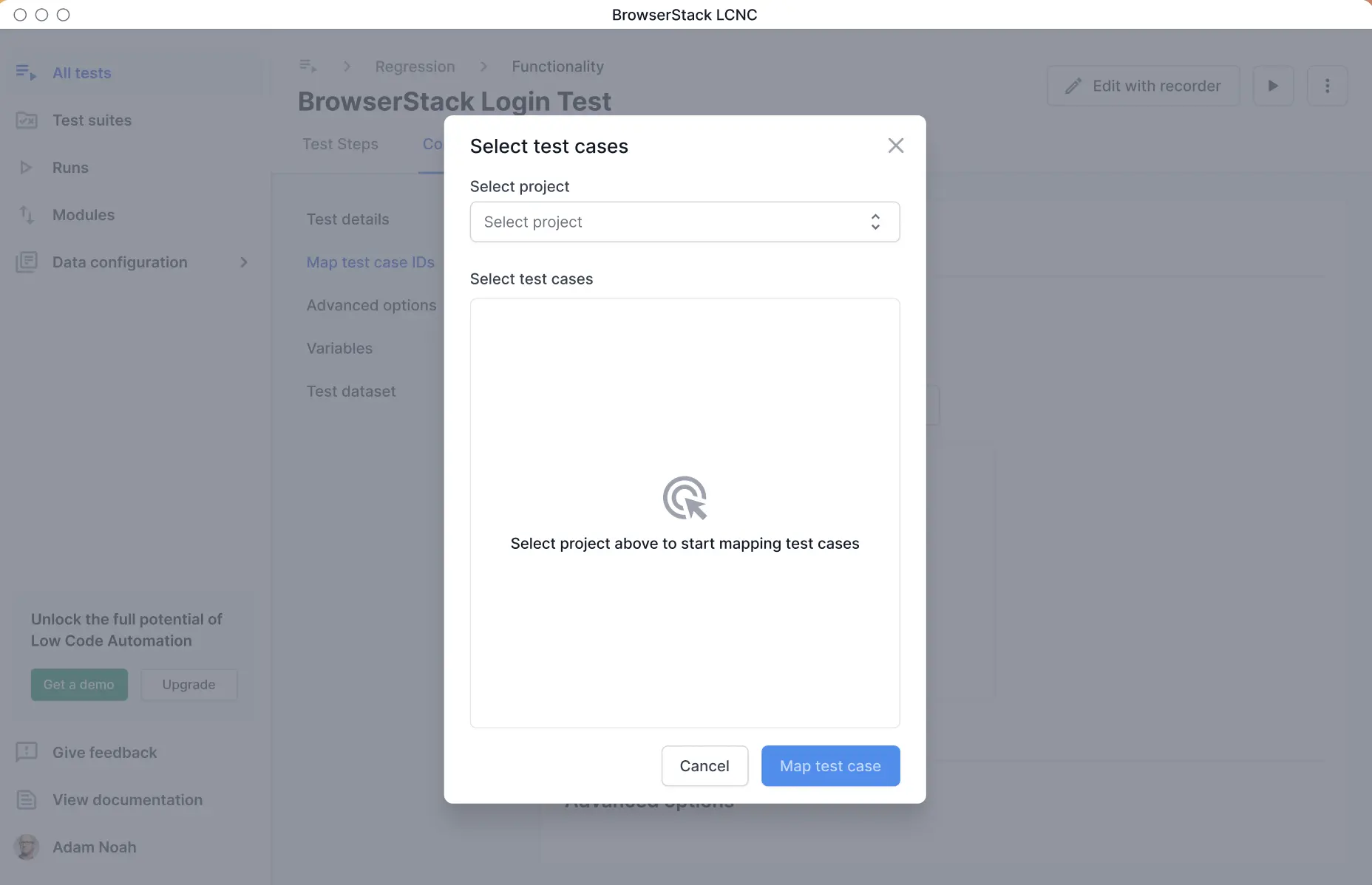Select project and test cases dialog, with project dropdown and empty test case list.