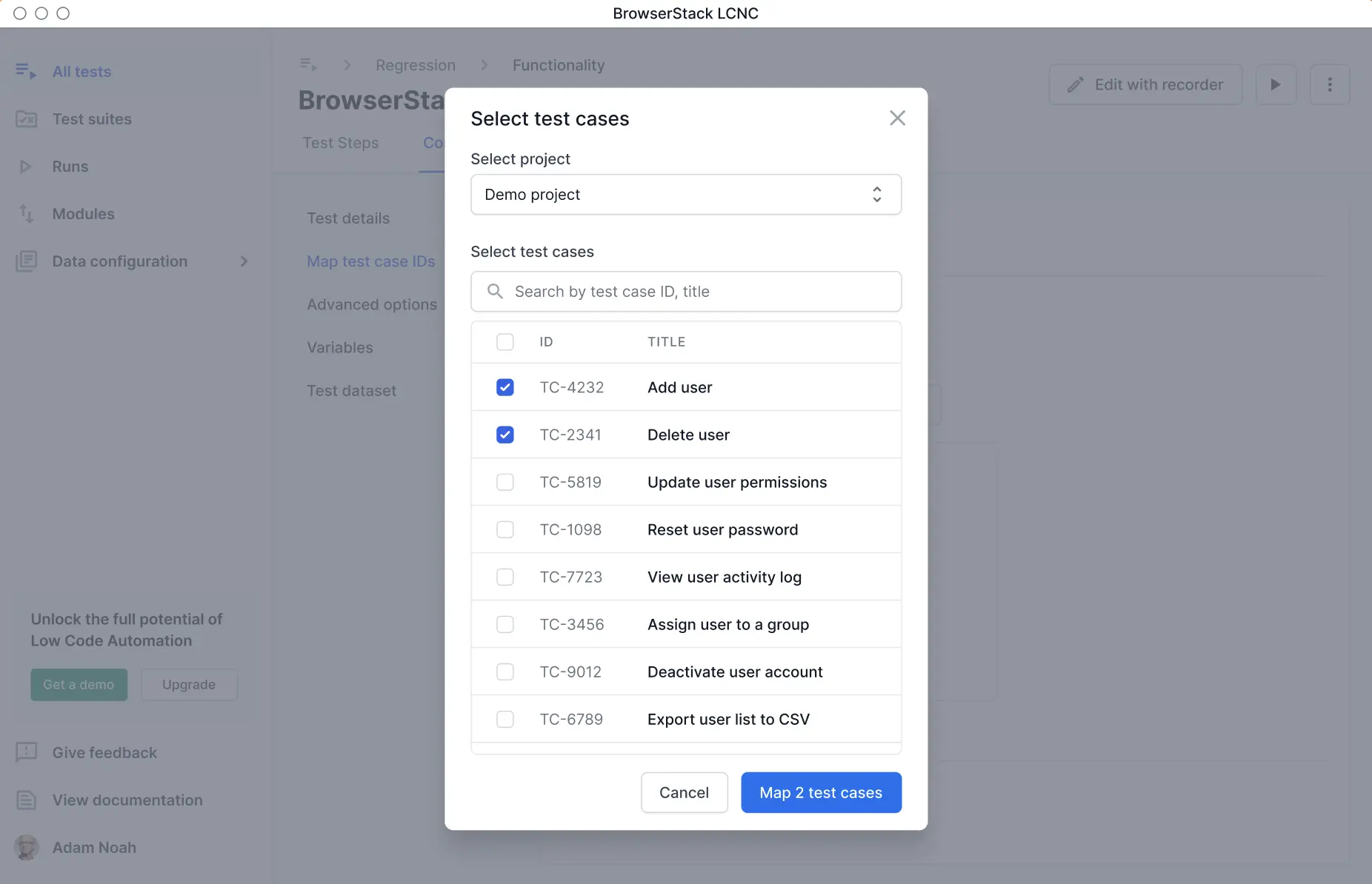 Test case selection dialog showing a list of test cases with checkboxes and titles.