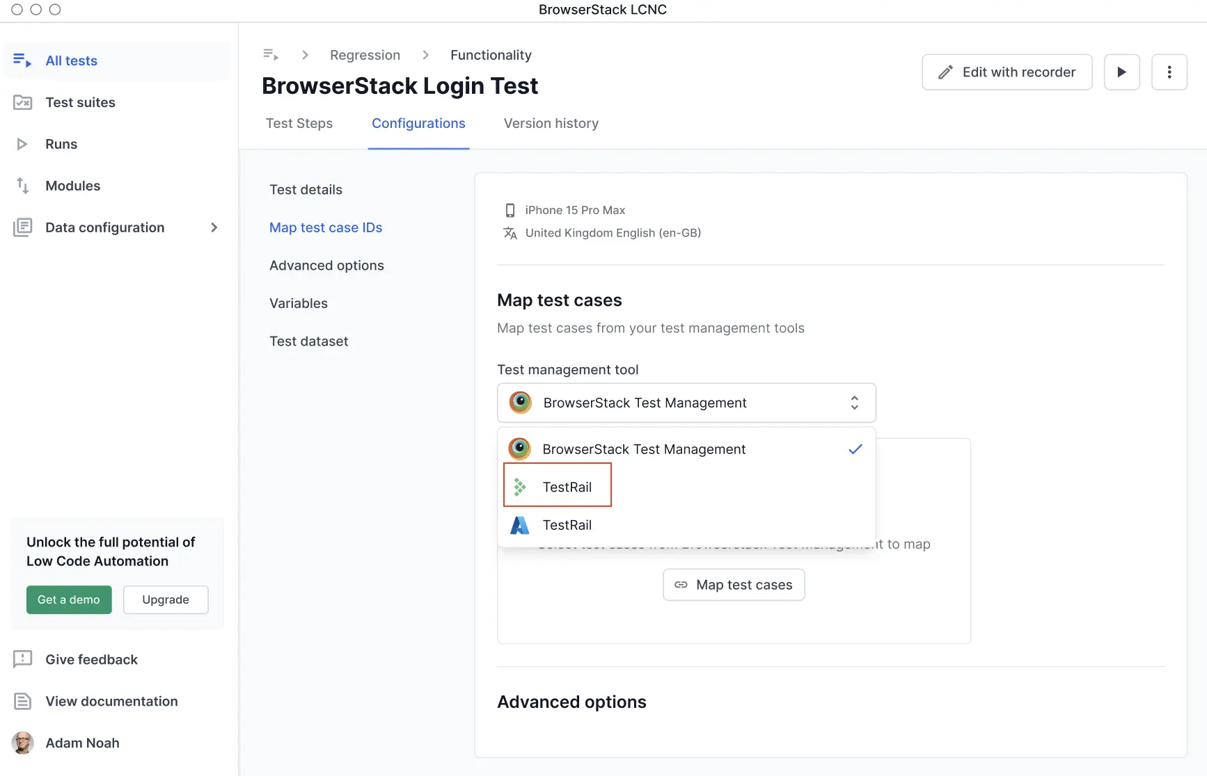 Test management tool dropdown with TestRail selected, and Connect TestRail button visible.