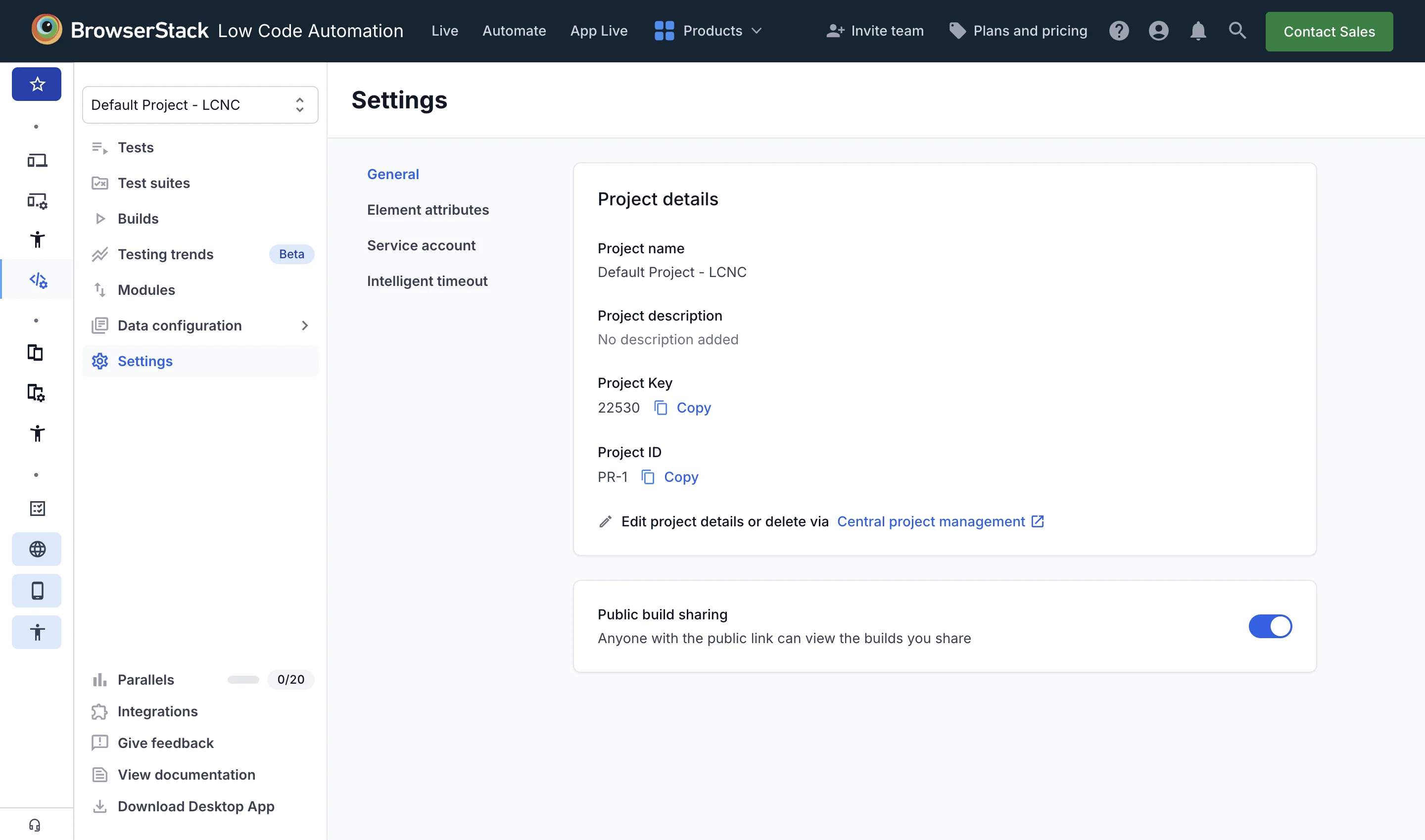 The Project details panel in project Settings showing the Project Key and Project ID, each with a Copy button