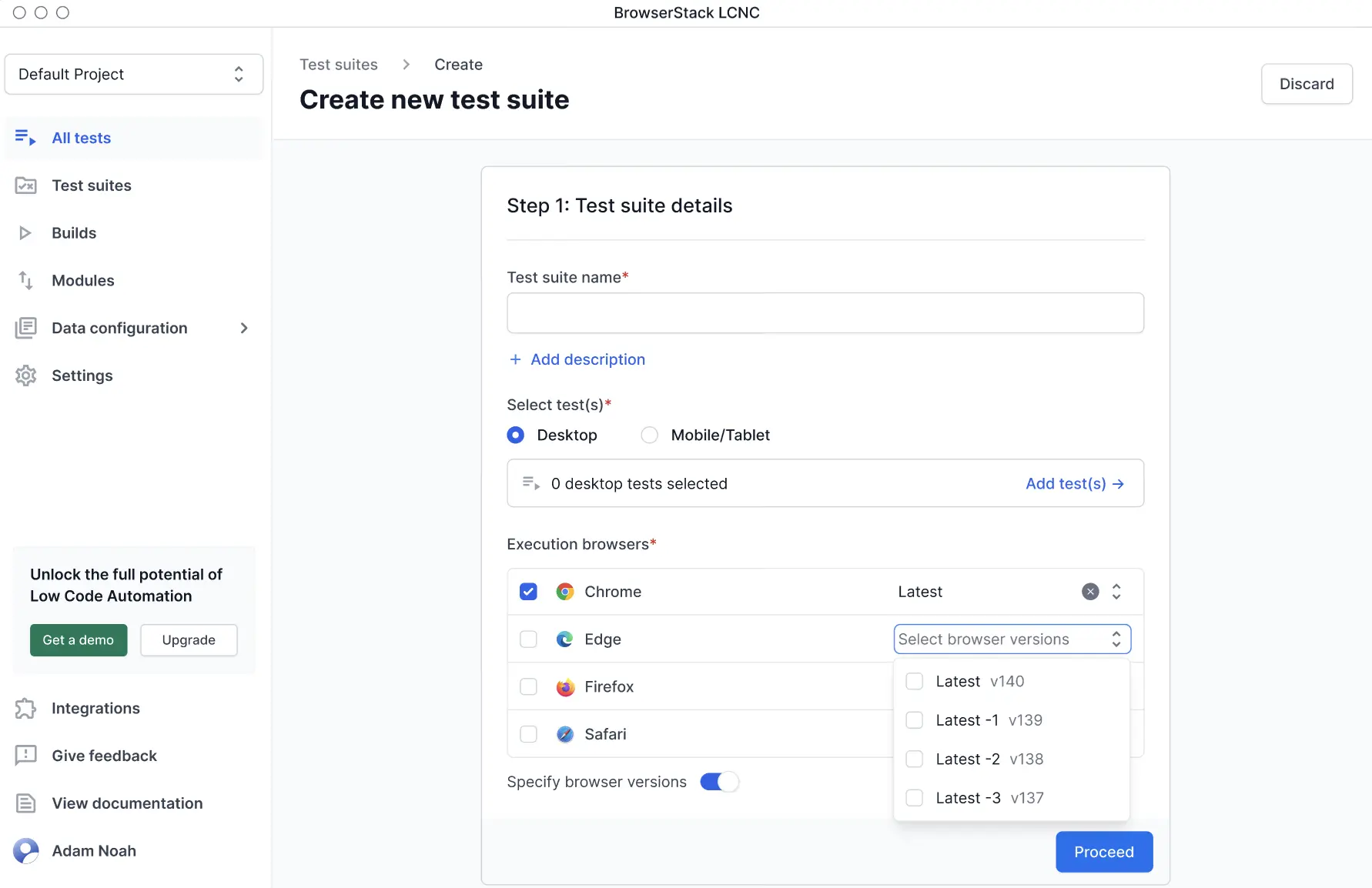 The Execution browsers section showing Chrome, Edge, Firefox, and Safari with version selection dropdowns