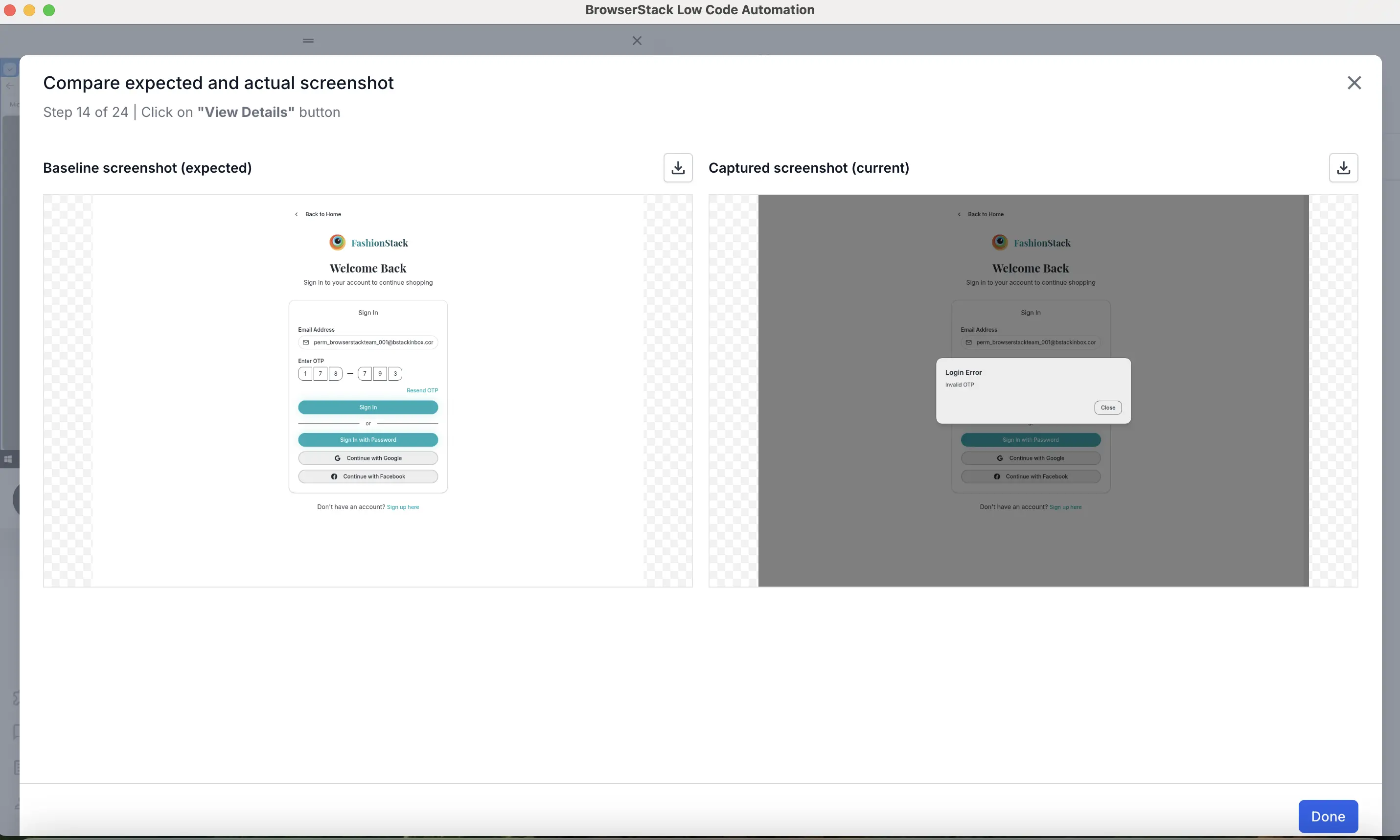 The comparison view showing the baseline and captured screenshots side by side for a failed step.