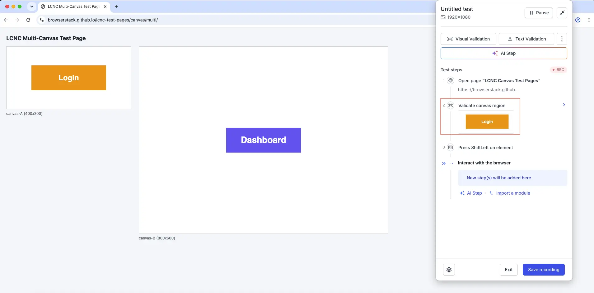 Select a region on the canvas to add a Validate canvas region step