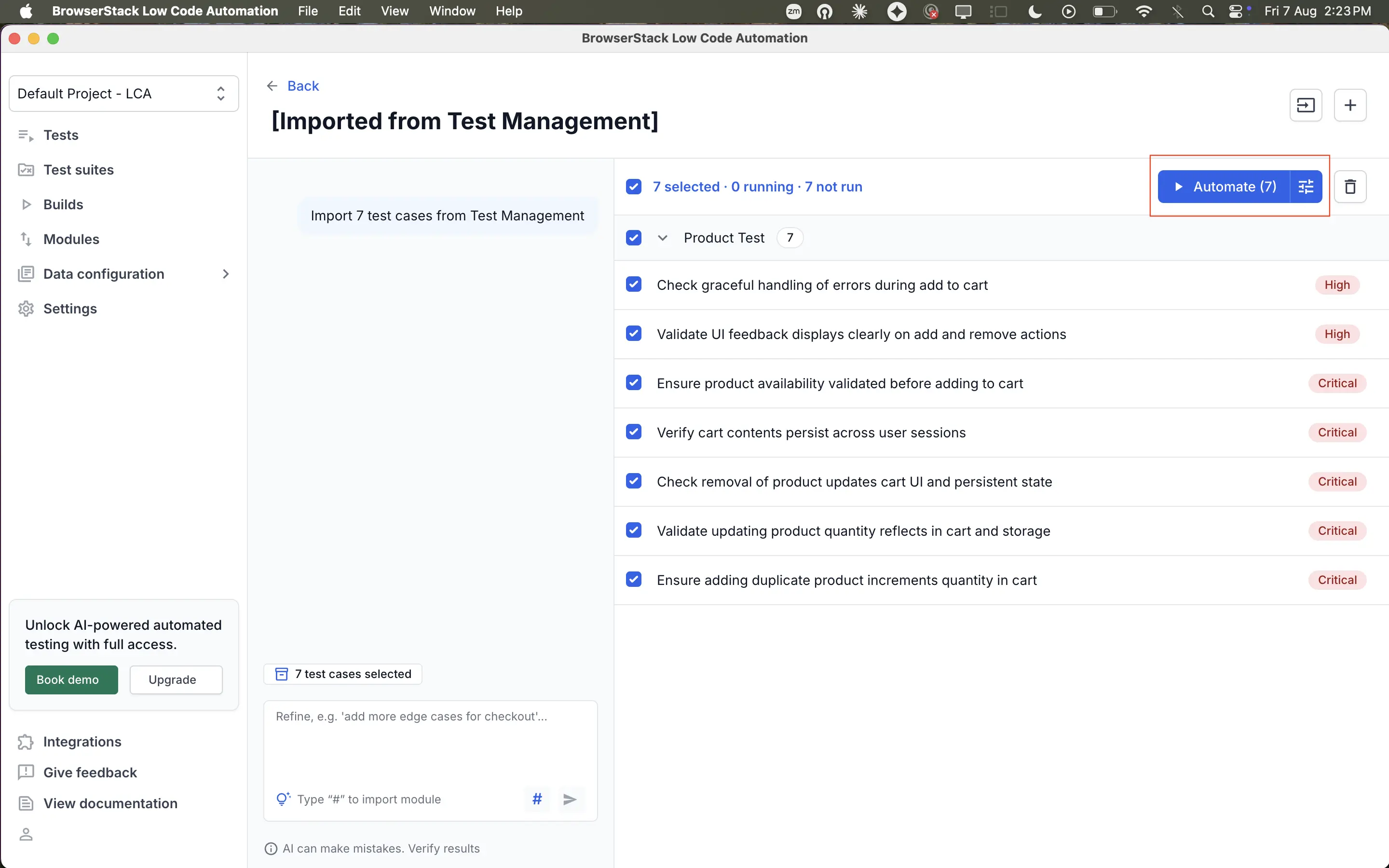 Selected test cases and the Automate button.