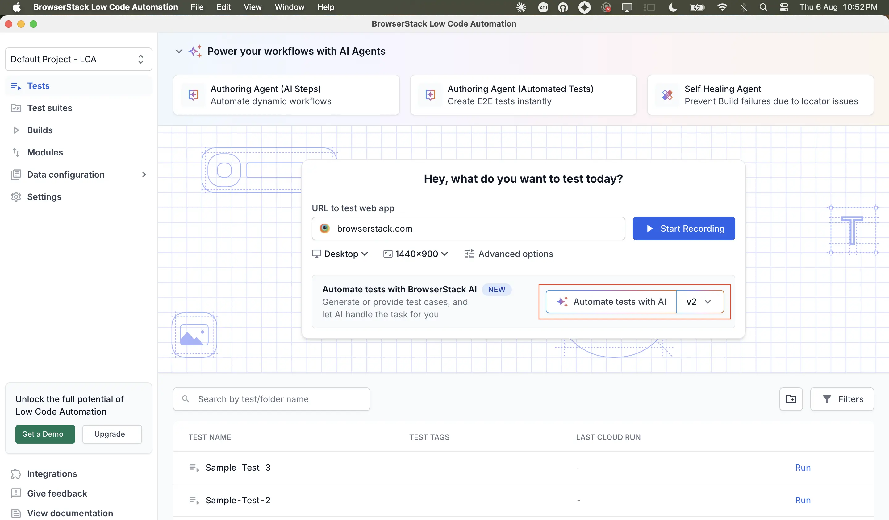 The Create a new test with AI page with the four ways to start.