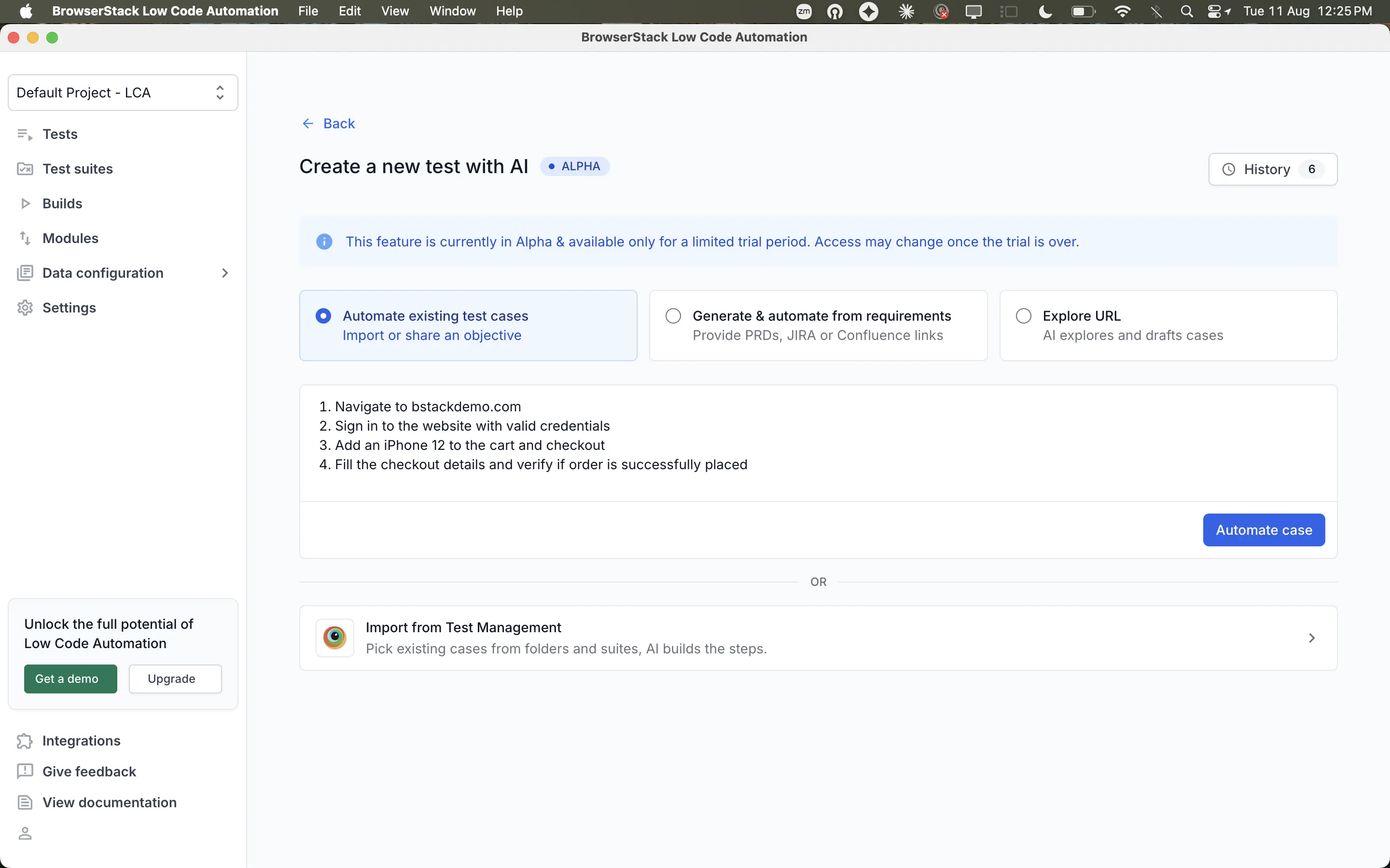 The Create a new test with AI page with an objective entered and the Automate case button enabled.