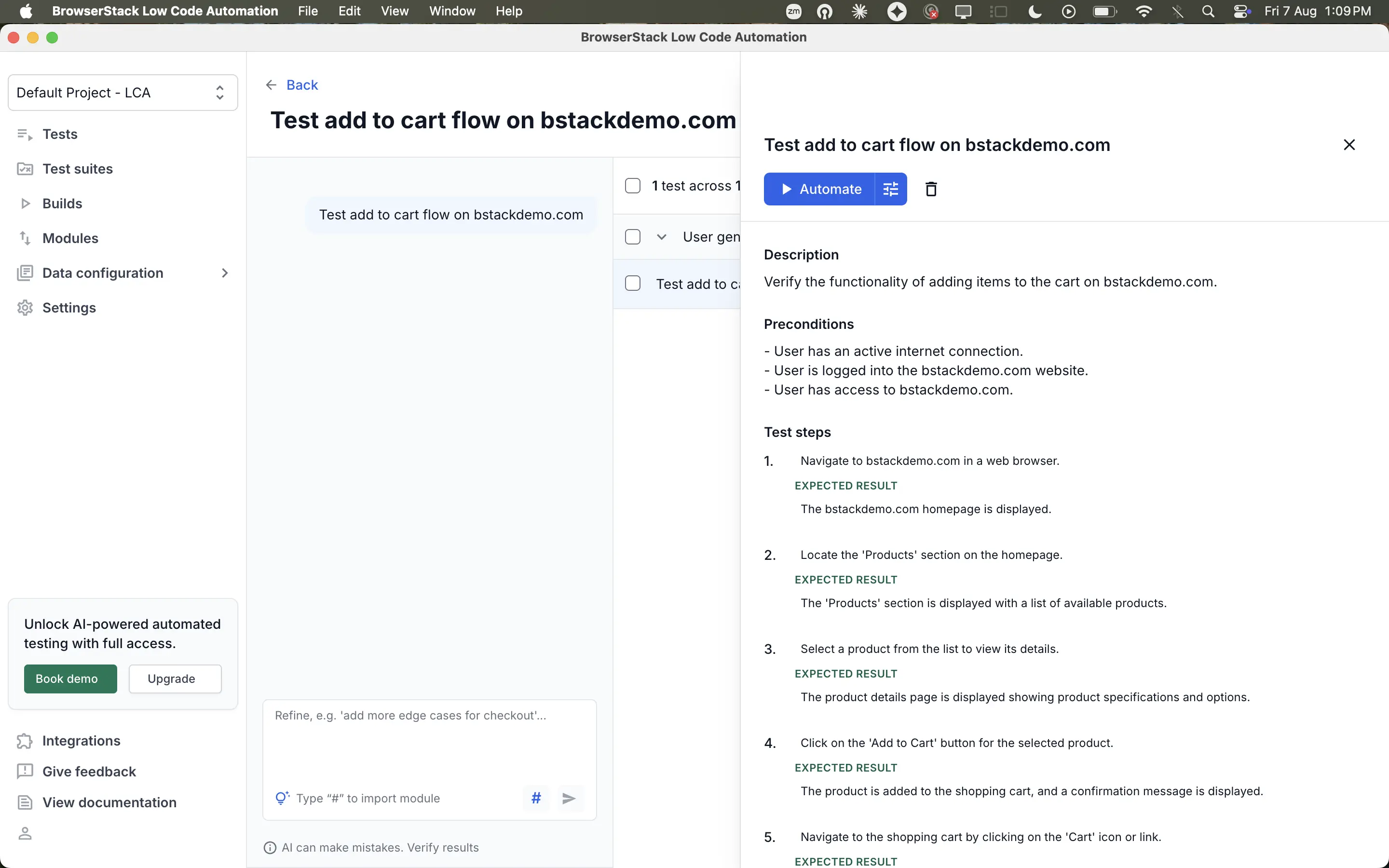 A test case with its description, preconditions, and numbered test steps.