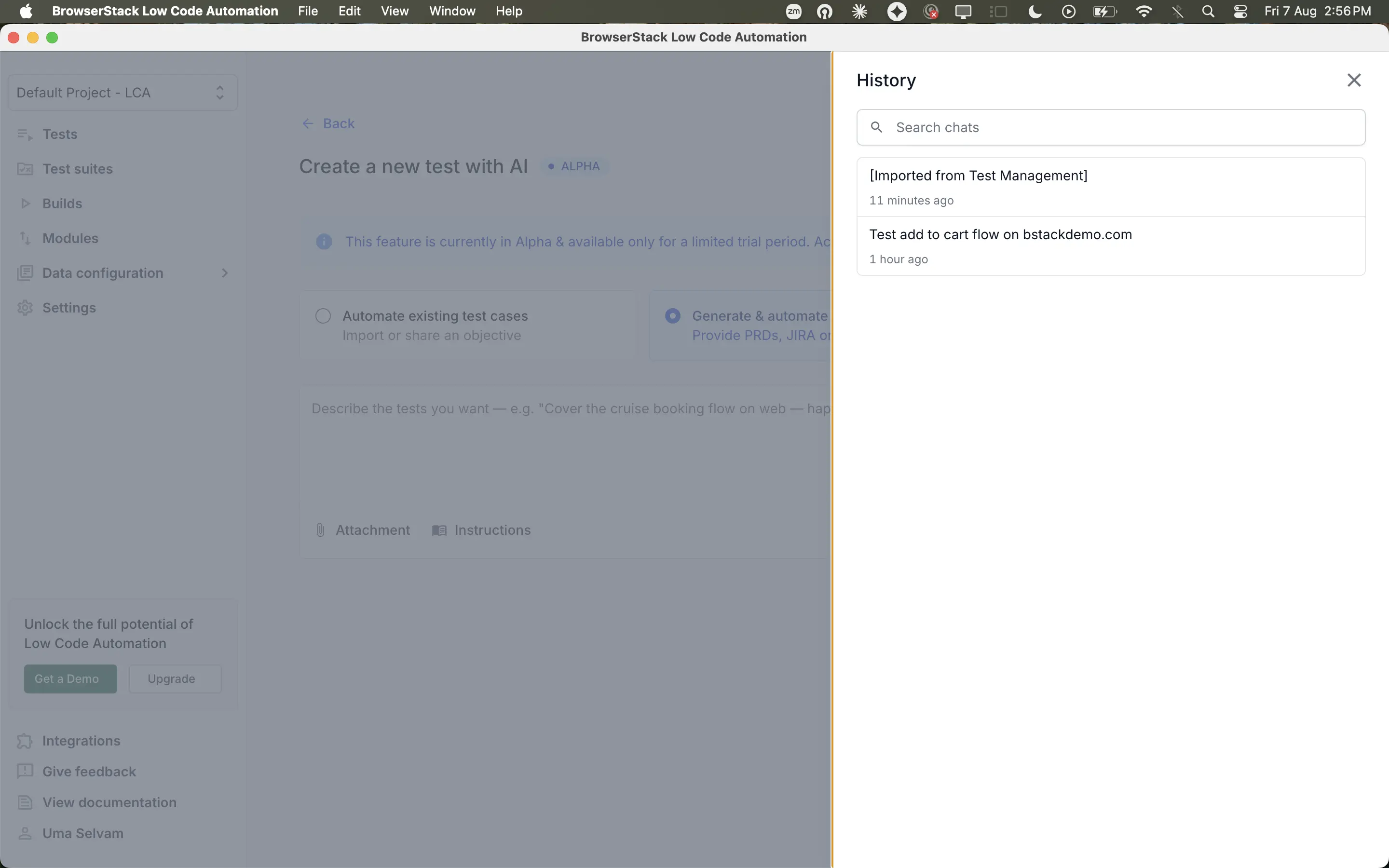 The History list of earlier sessions on the Create a new test with AI page.