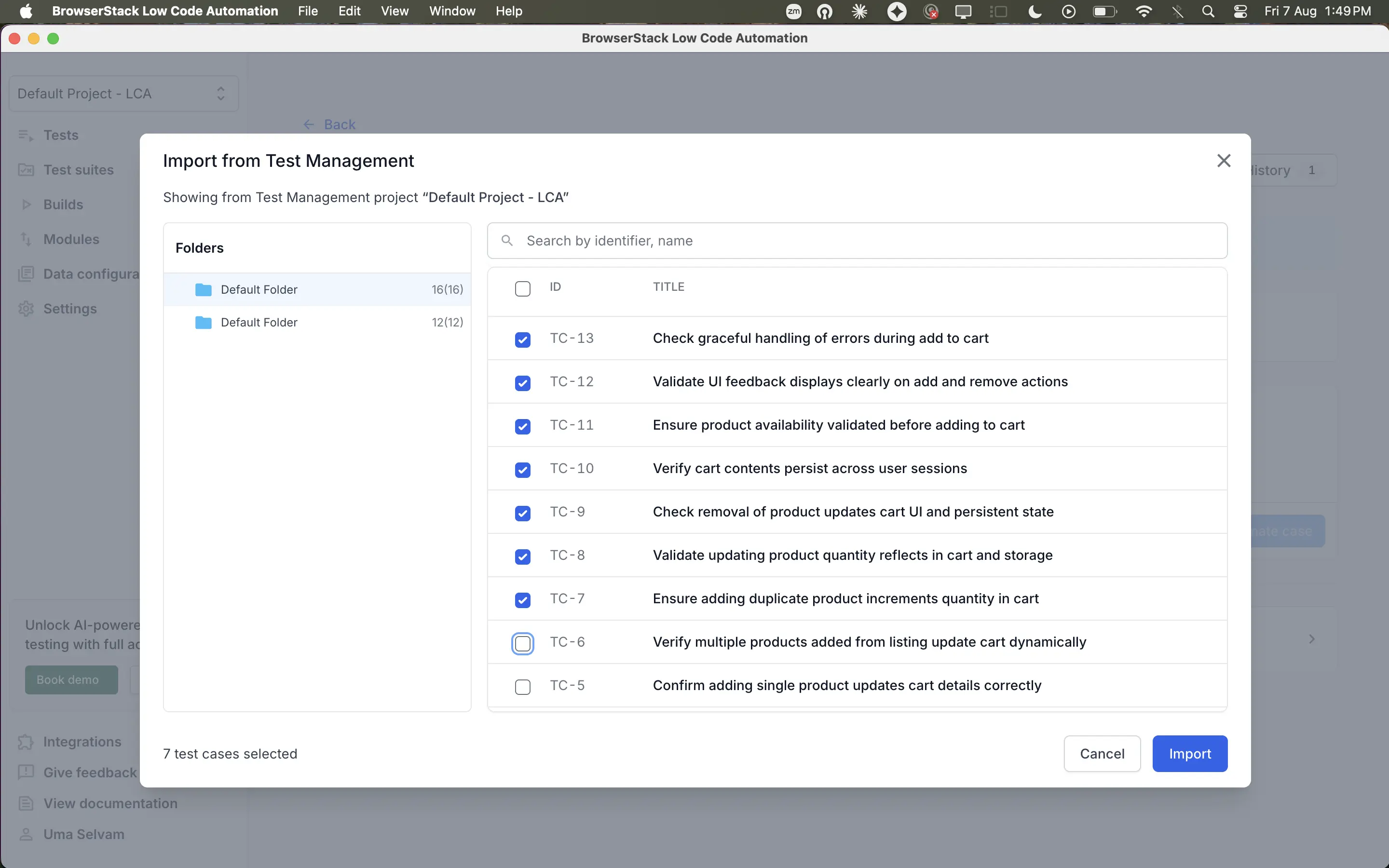 The Import from Test Management dialog with a folder open and one test case selected.