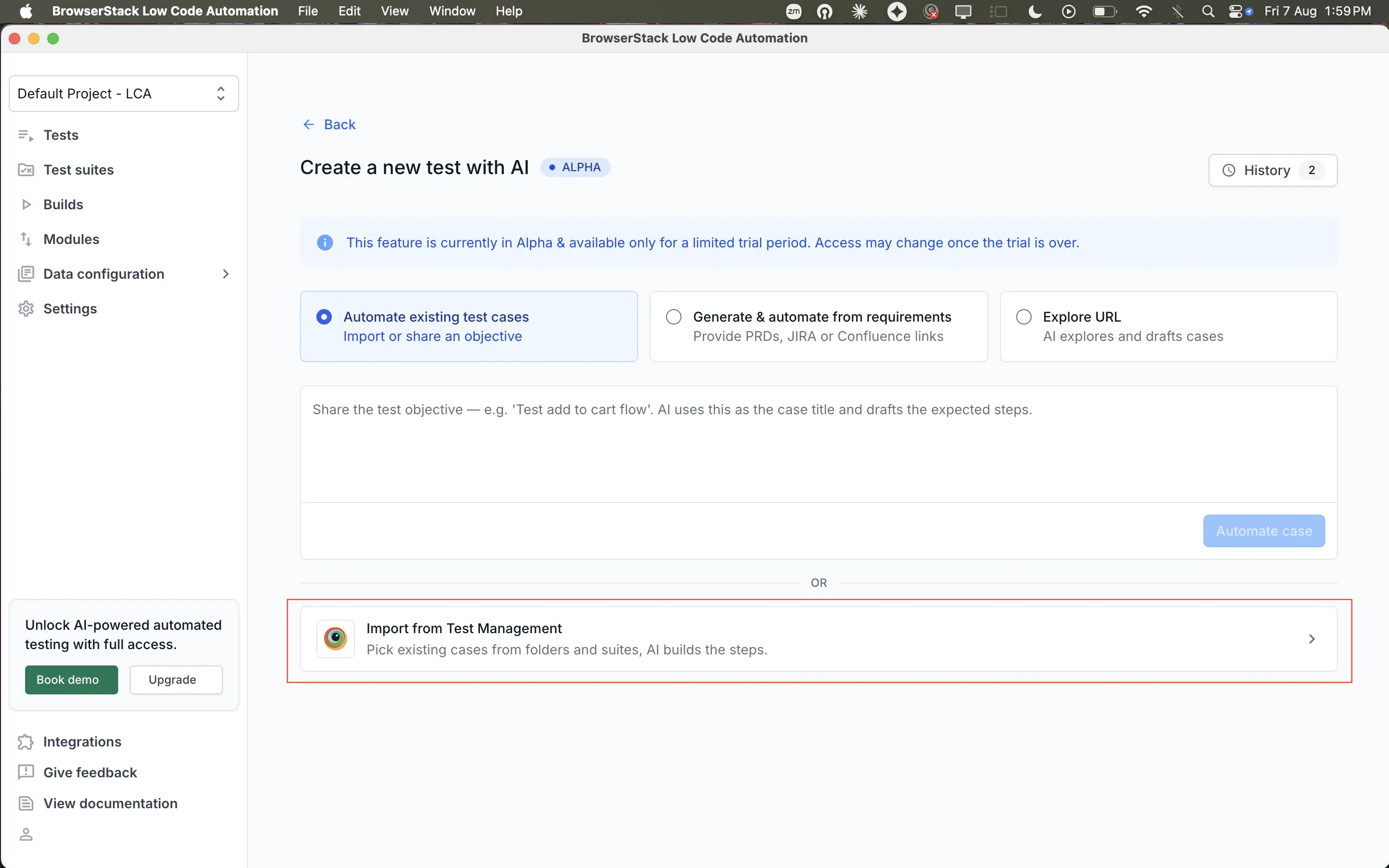 The Import from Test Management option below the prompt box on the Create a new test with AI page.