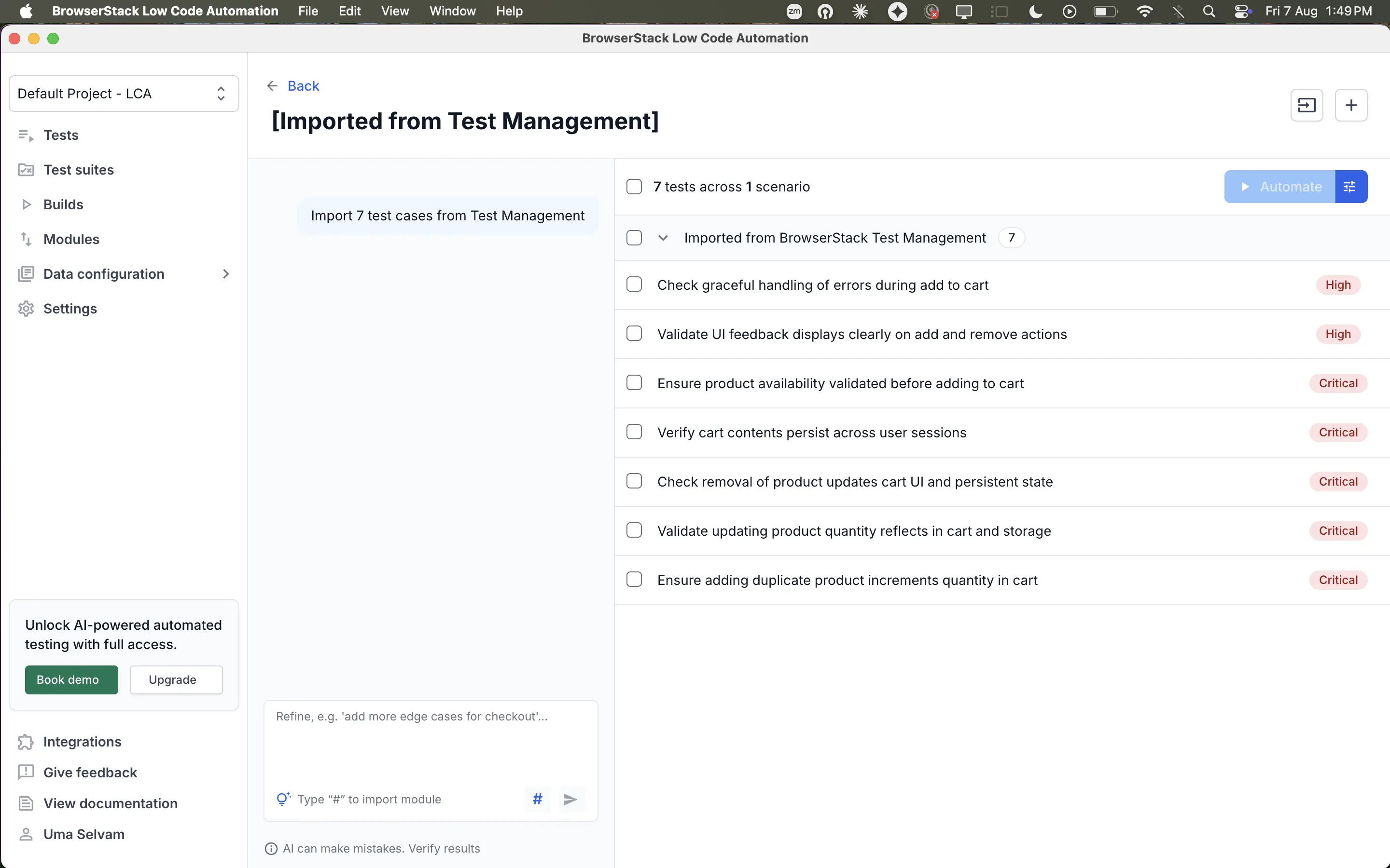 Seven imported test cases listed under the Imported from BrowserStack Test Management scenario.