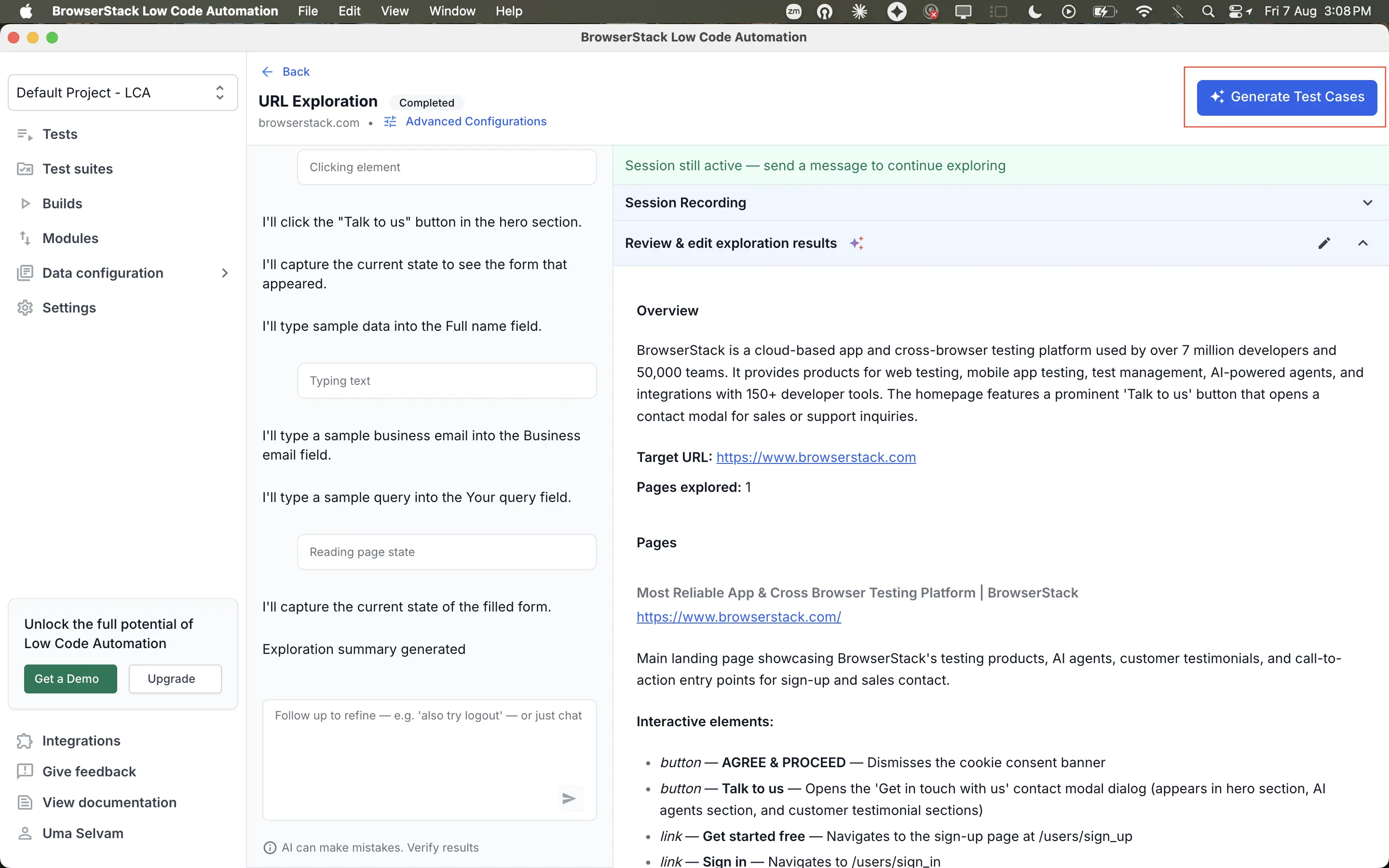 The completed exploration summary with the overview, target URL, and interactive elements.