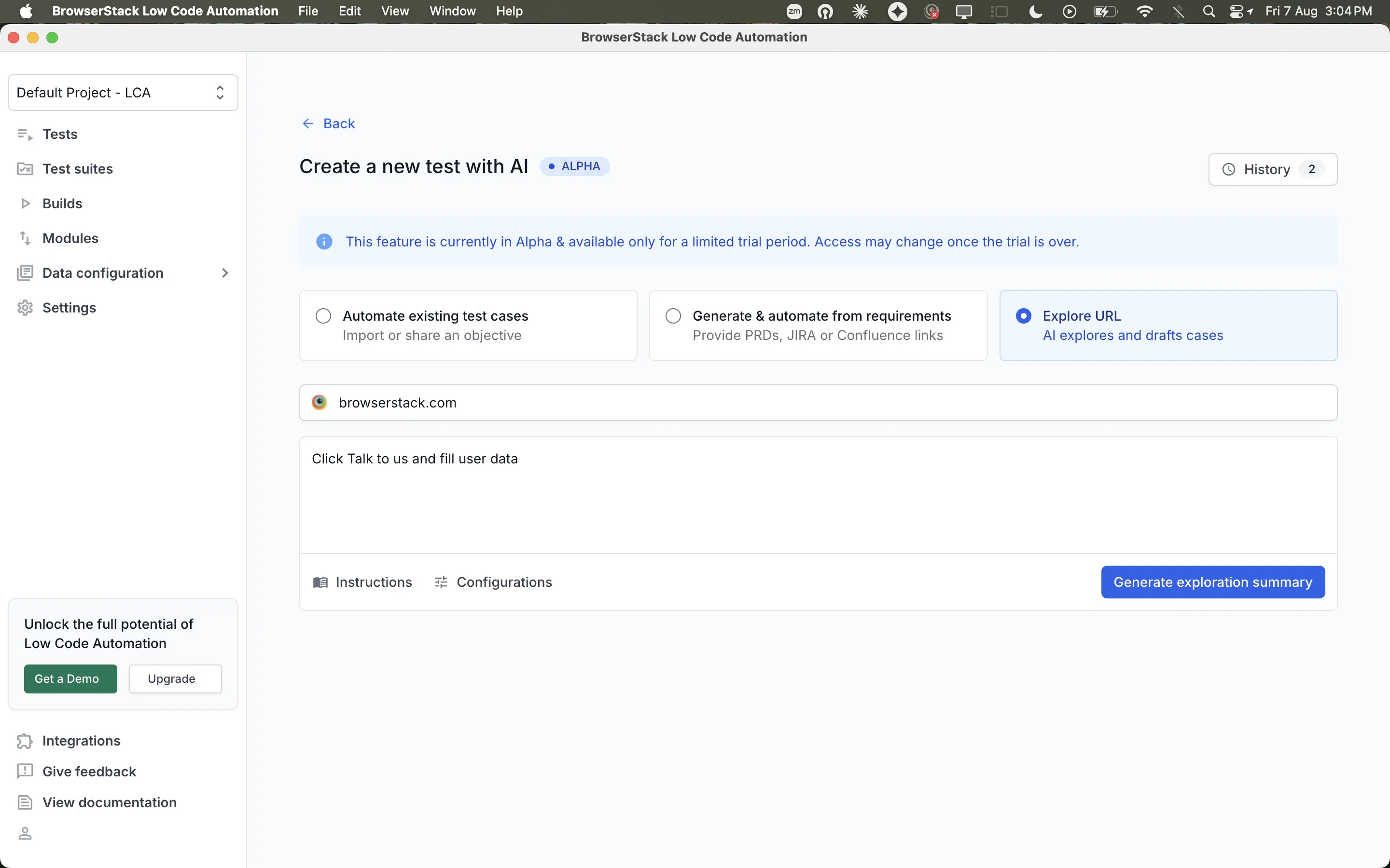 The Explore URL option with a URL and the functionality to explore.