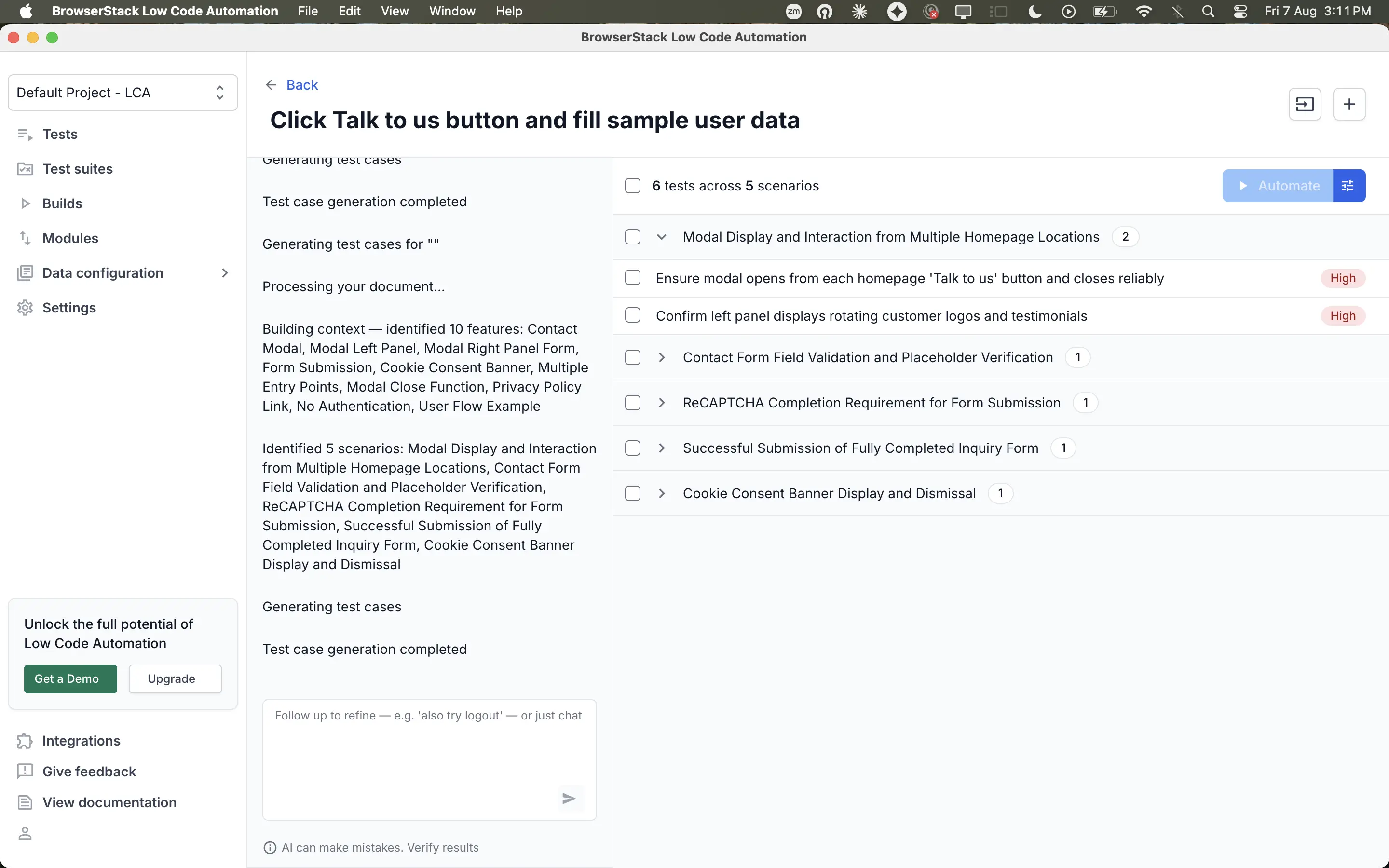 Test cases grouped into scenarios after a URL exploration, each case tagged with a priority.