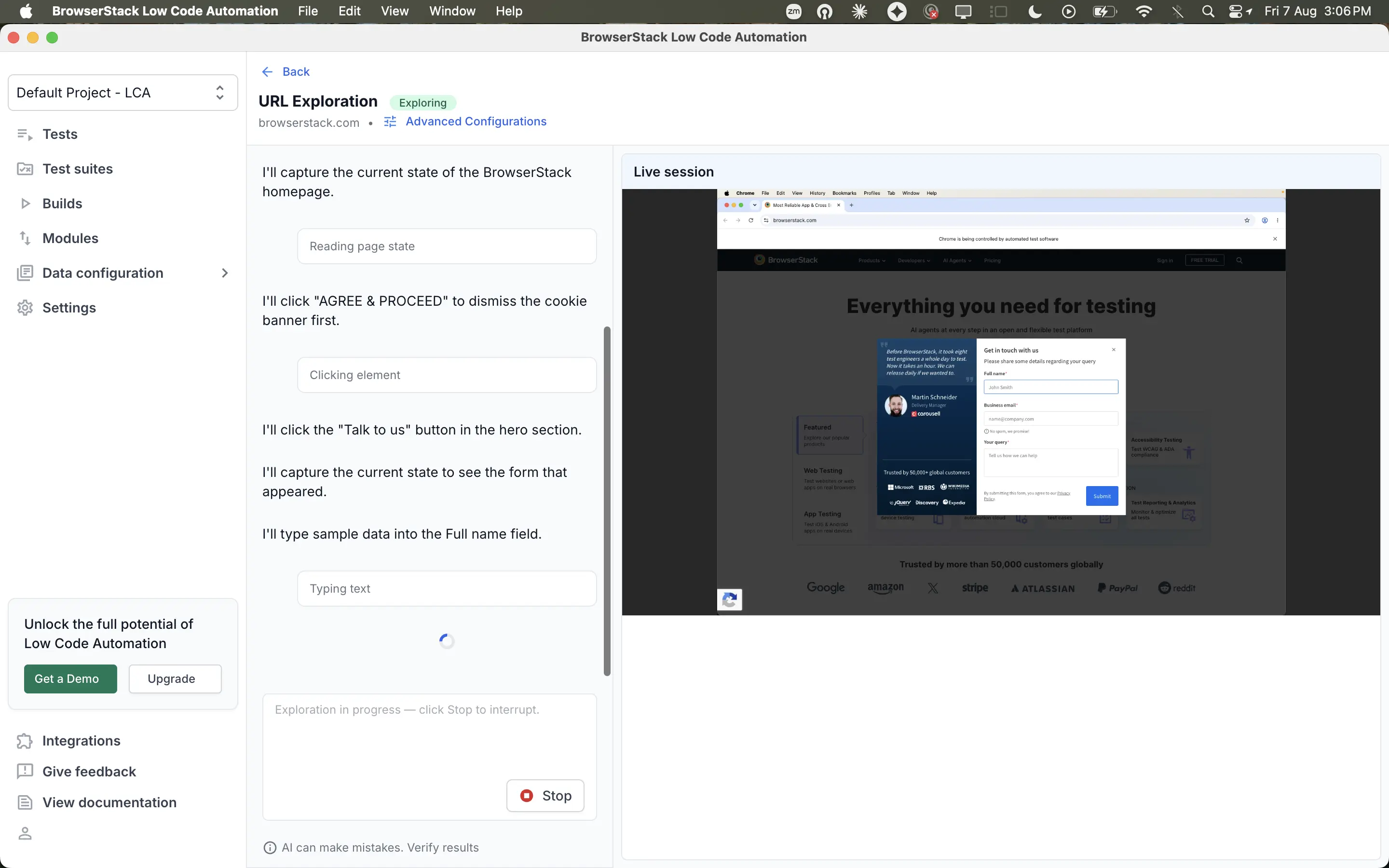 The URL Exploration screen with the agent's progress beside a live browser session.