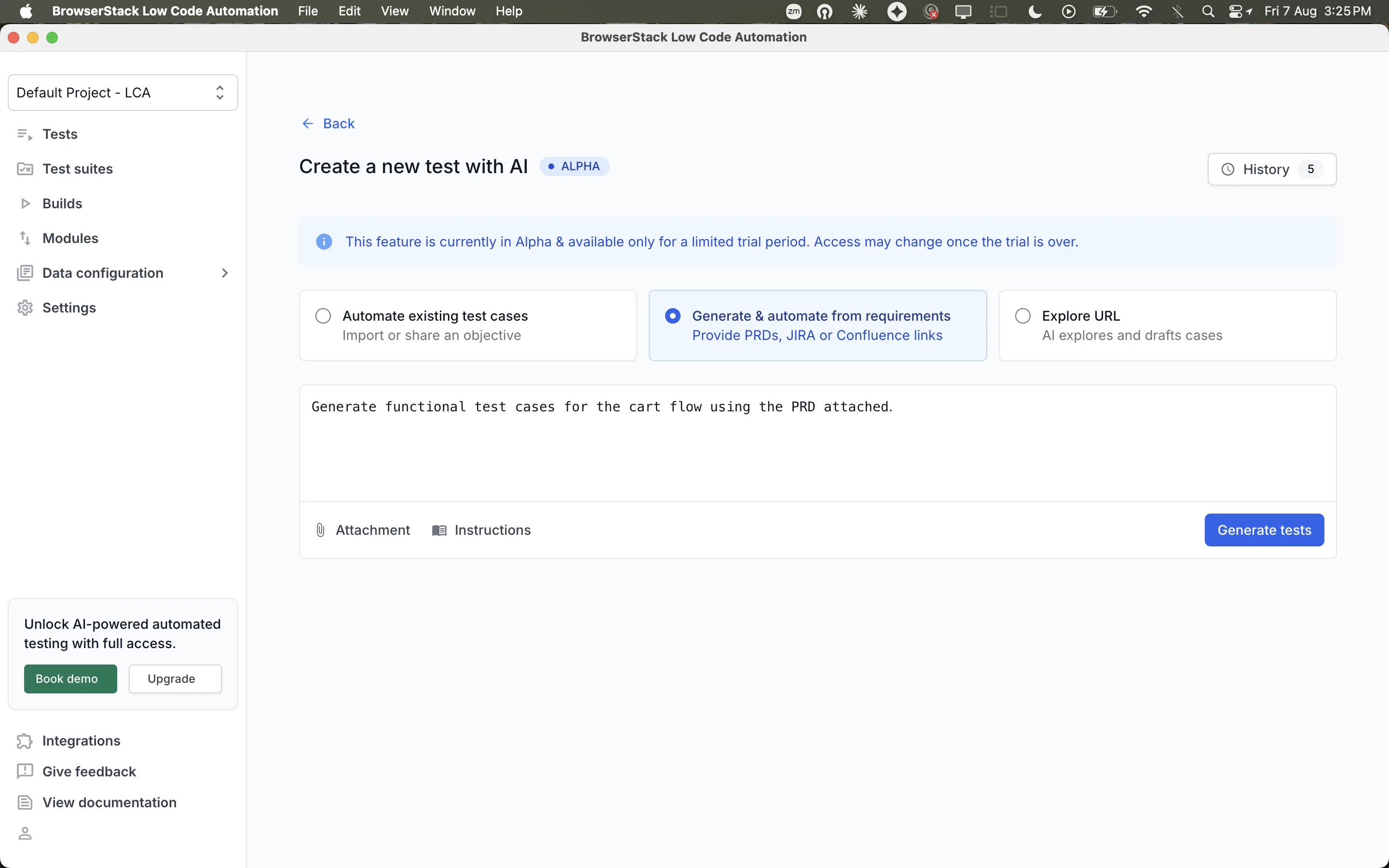 The Create a new test with AI page with a prompt entered and a PRD file attached as a chip.