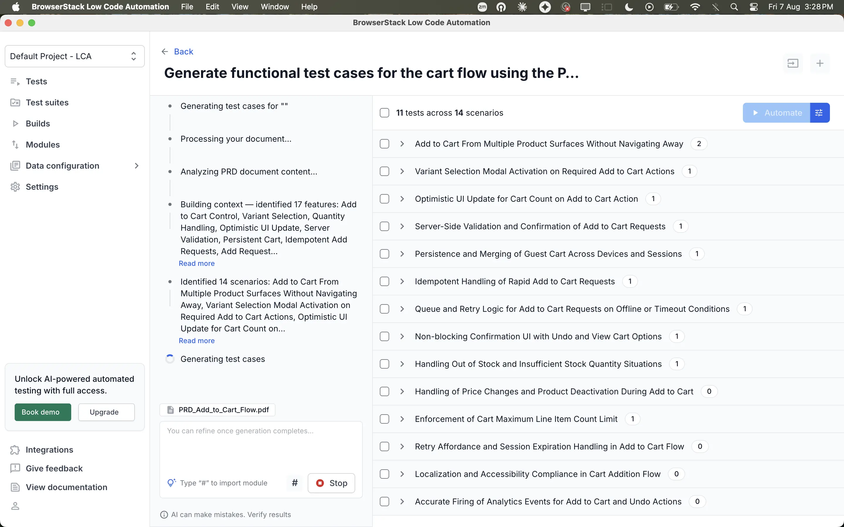 The Thoughts pane listing document processing steps while test cases generate.