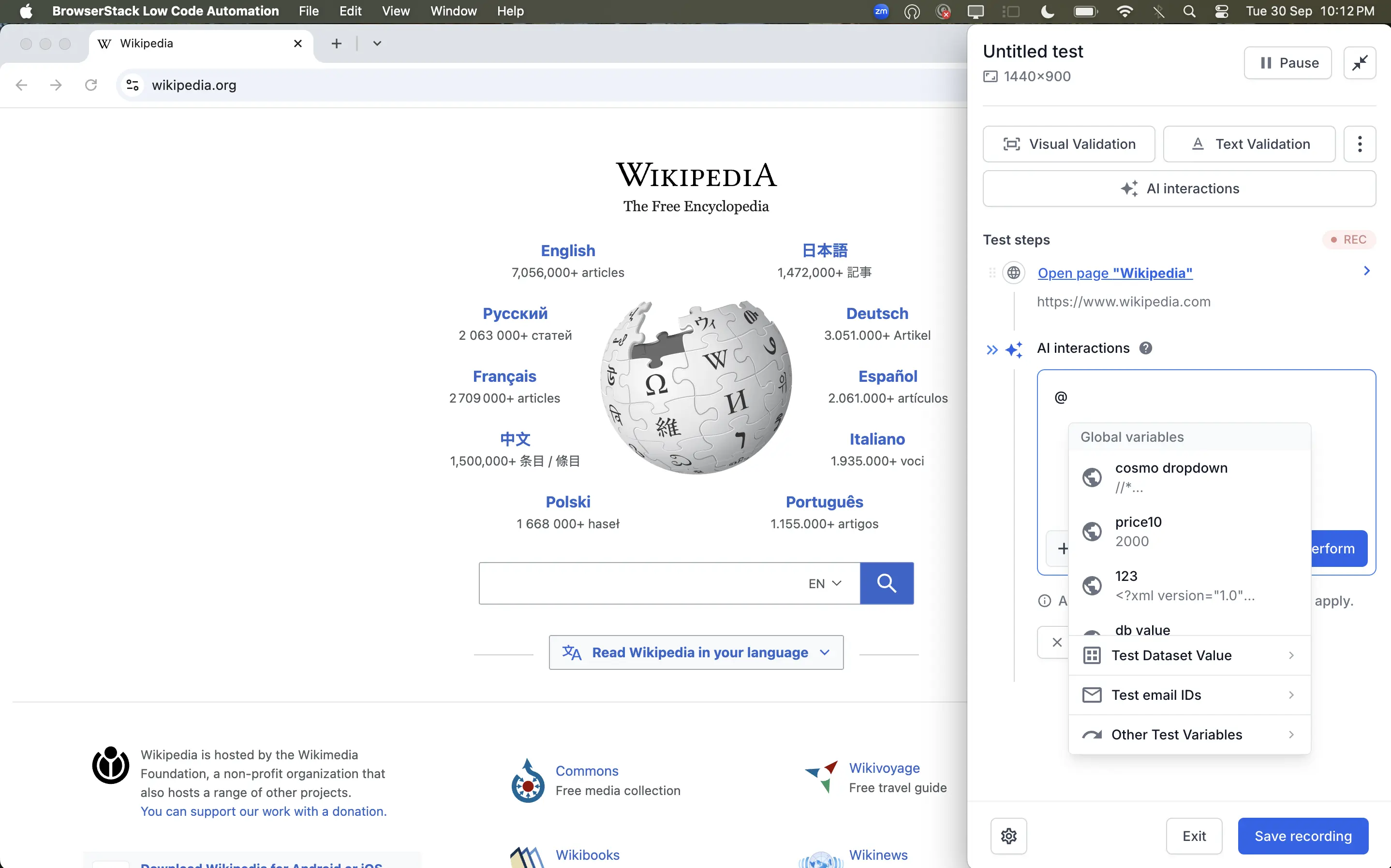 Type @ to view available variables
