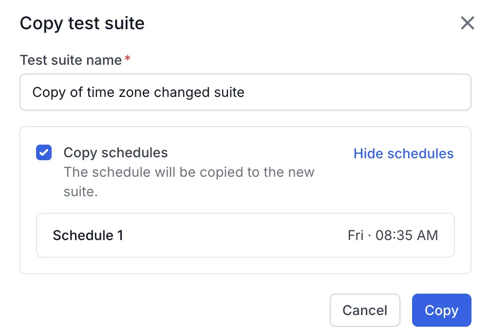 The Copy test suite dialog with the Test suite name field and the Copy schedules option