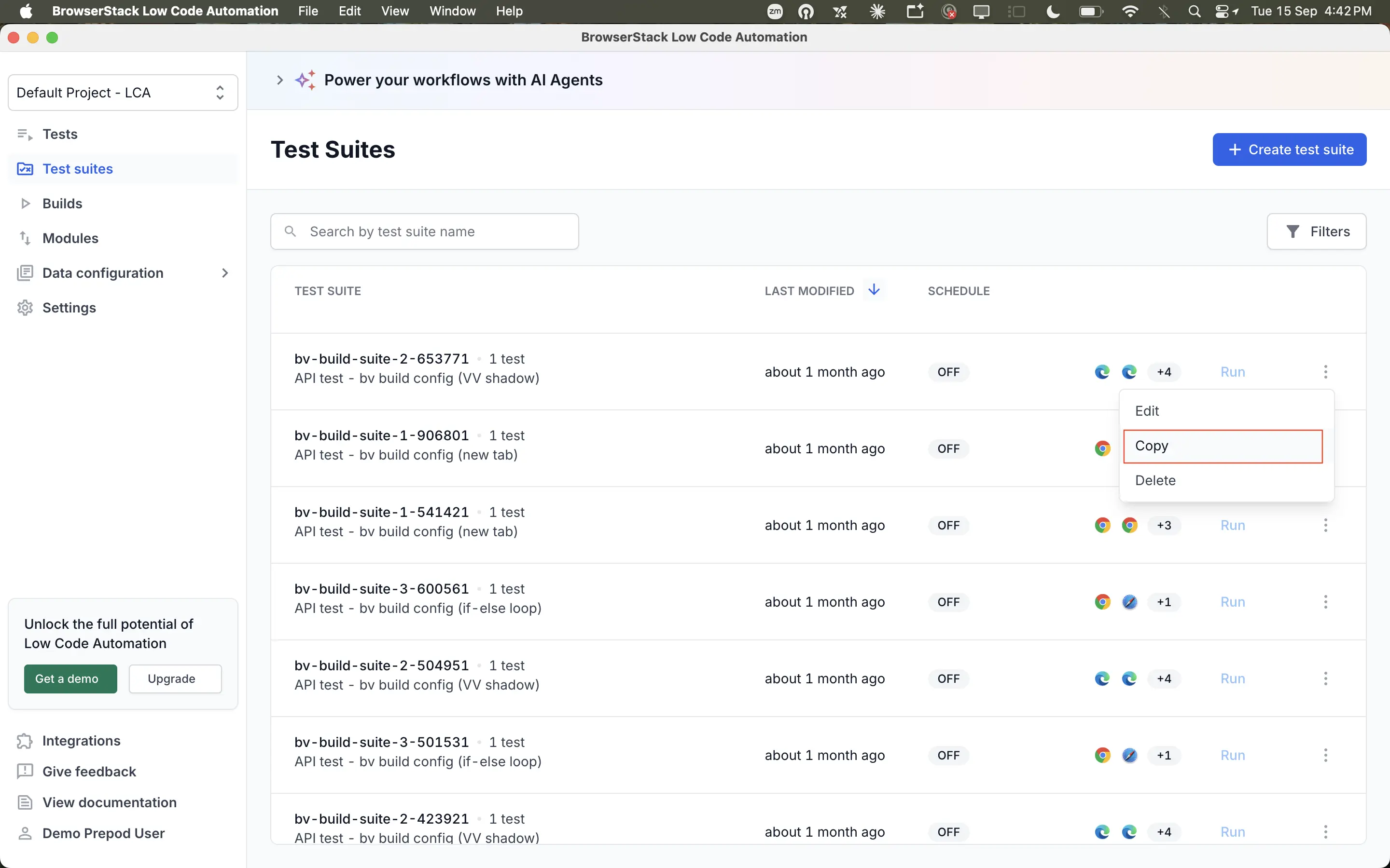 The three-dot menu of a test suite row with the Copy option