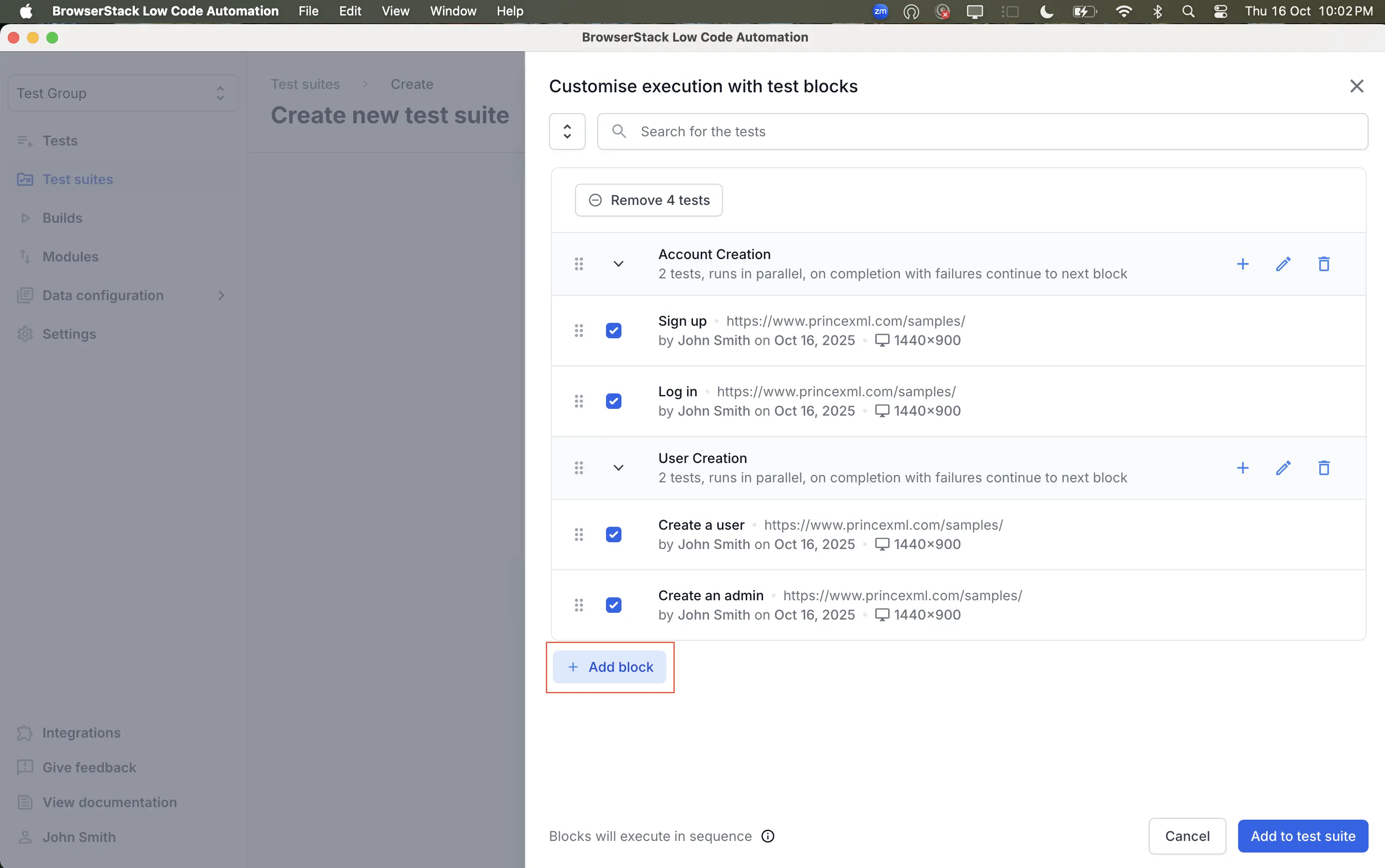 Screenshot showing the Add block button highlighted, demonstrating how to add more blocks in BrowserStack Low Code Automation.