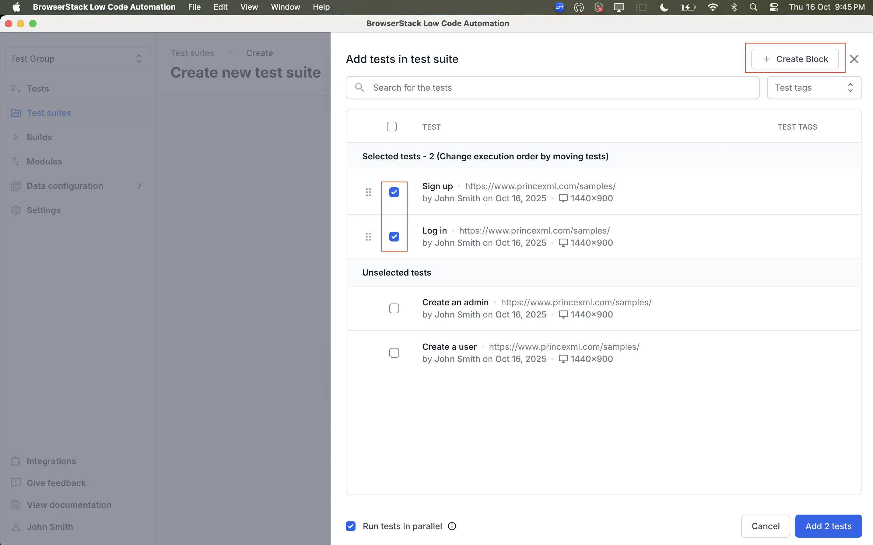 Screenshot of the tests pane with selected tests and the **Create block** button highlighted. This image demonstrates how to select tests and create a block in BrowserStack Low Code Automation.