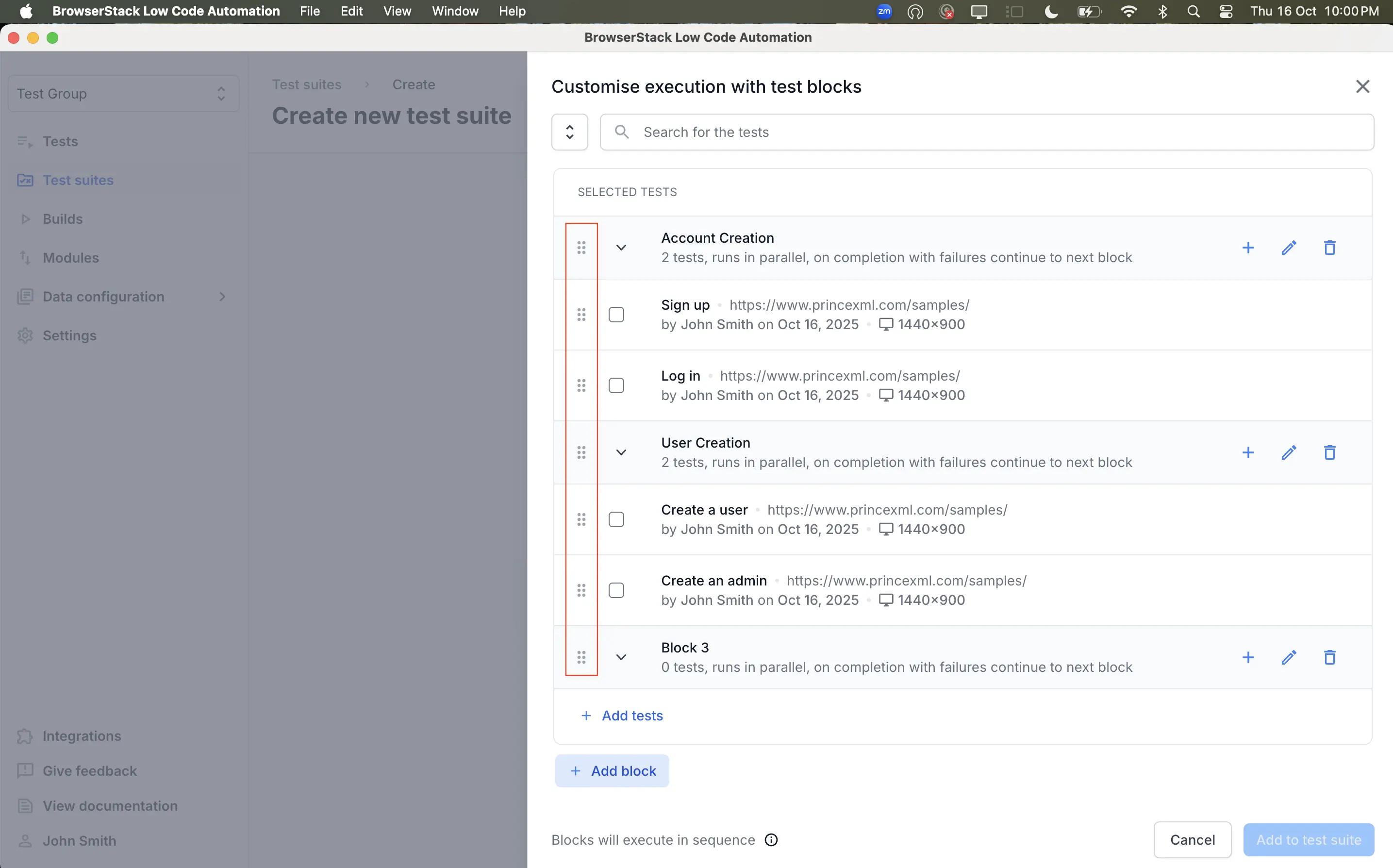 Screenshot showing drag and drop icon to reorder tests and blocks in  BrowserStack Low Code Automation.