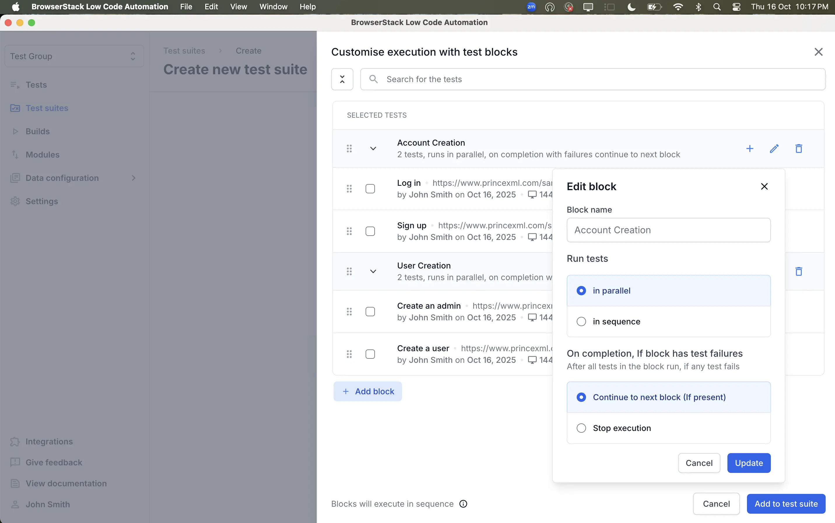 Screenshot showing the block settings options, including parallel and sequence execution, in BrowserStack Low Code Automation.