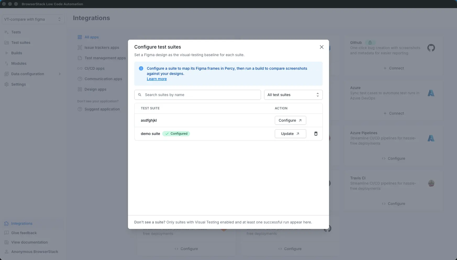 The Configure test suites dialog listing eligible suites with Configure and Update actions.