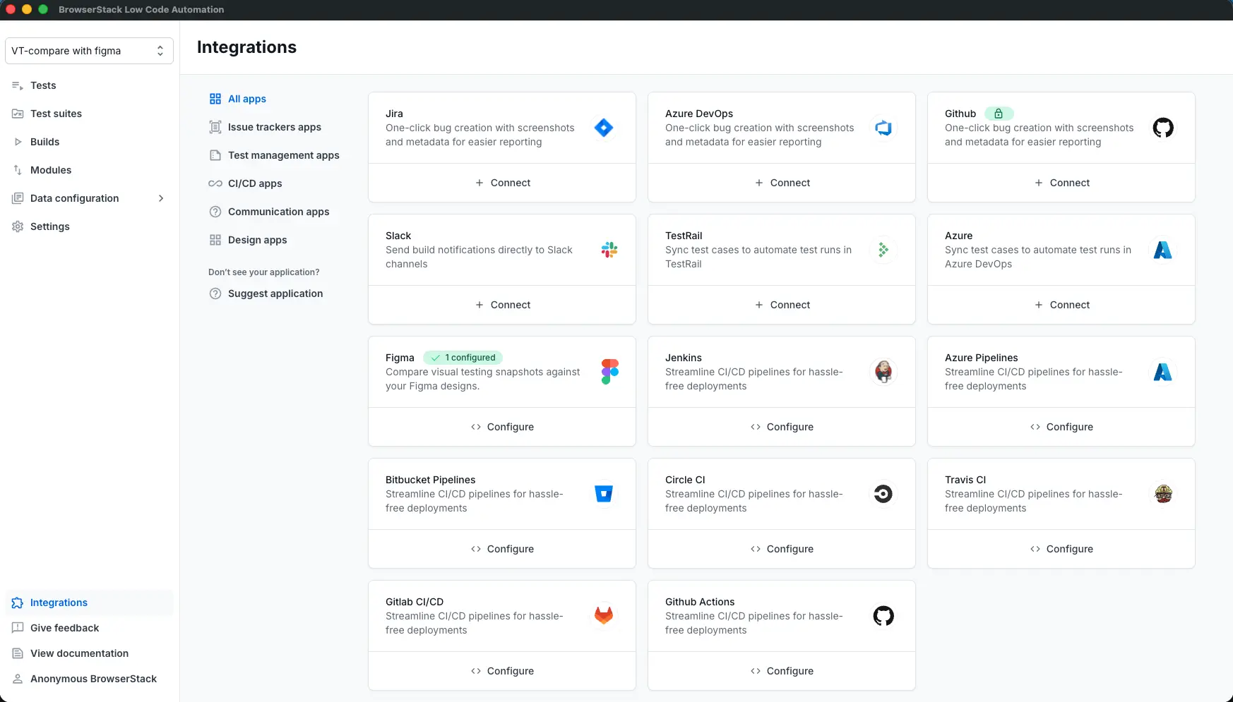 The Figma card under Design apps on the Low Code Automation Integrations page.