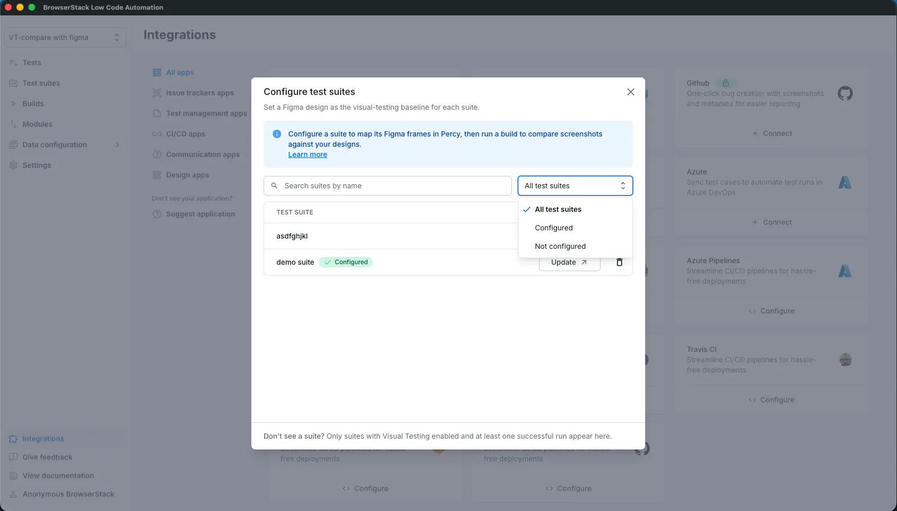 The status dropdown in the Configure test suites dialog, showing All test suites, Configured, and Not configured options.