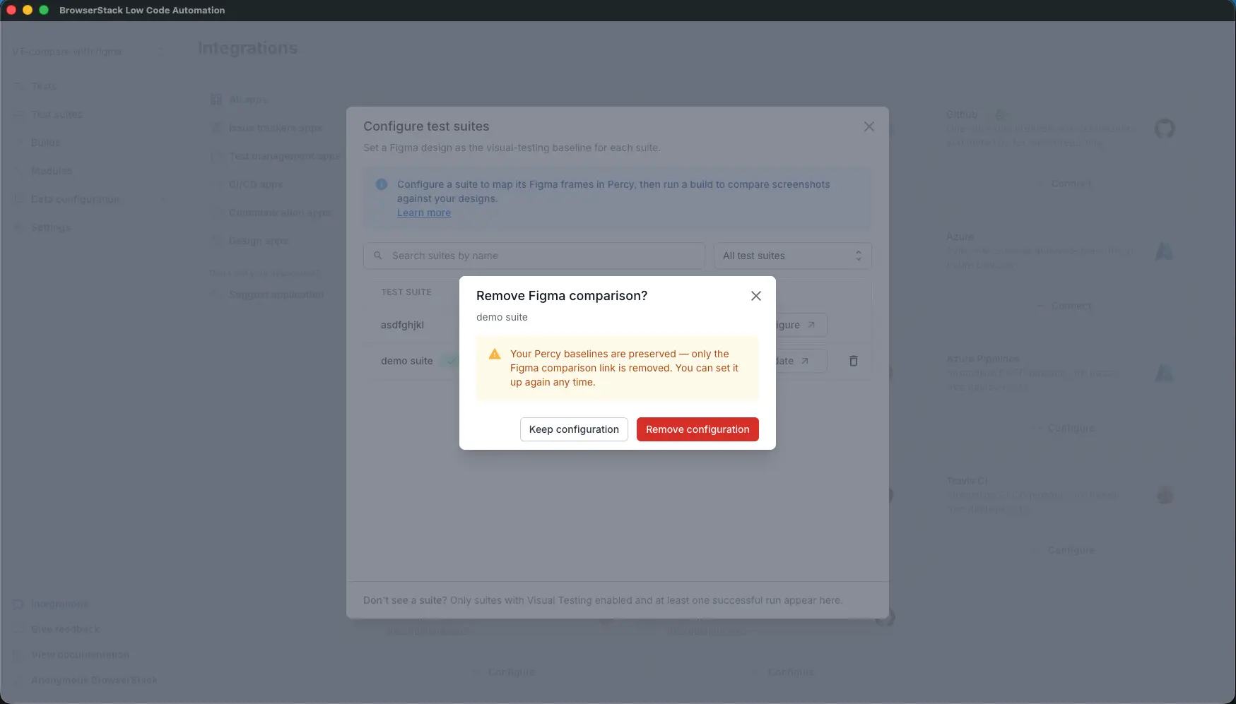 The Remove Figma comparison confirmation dialog explaining that Percy baselines are preserved.