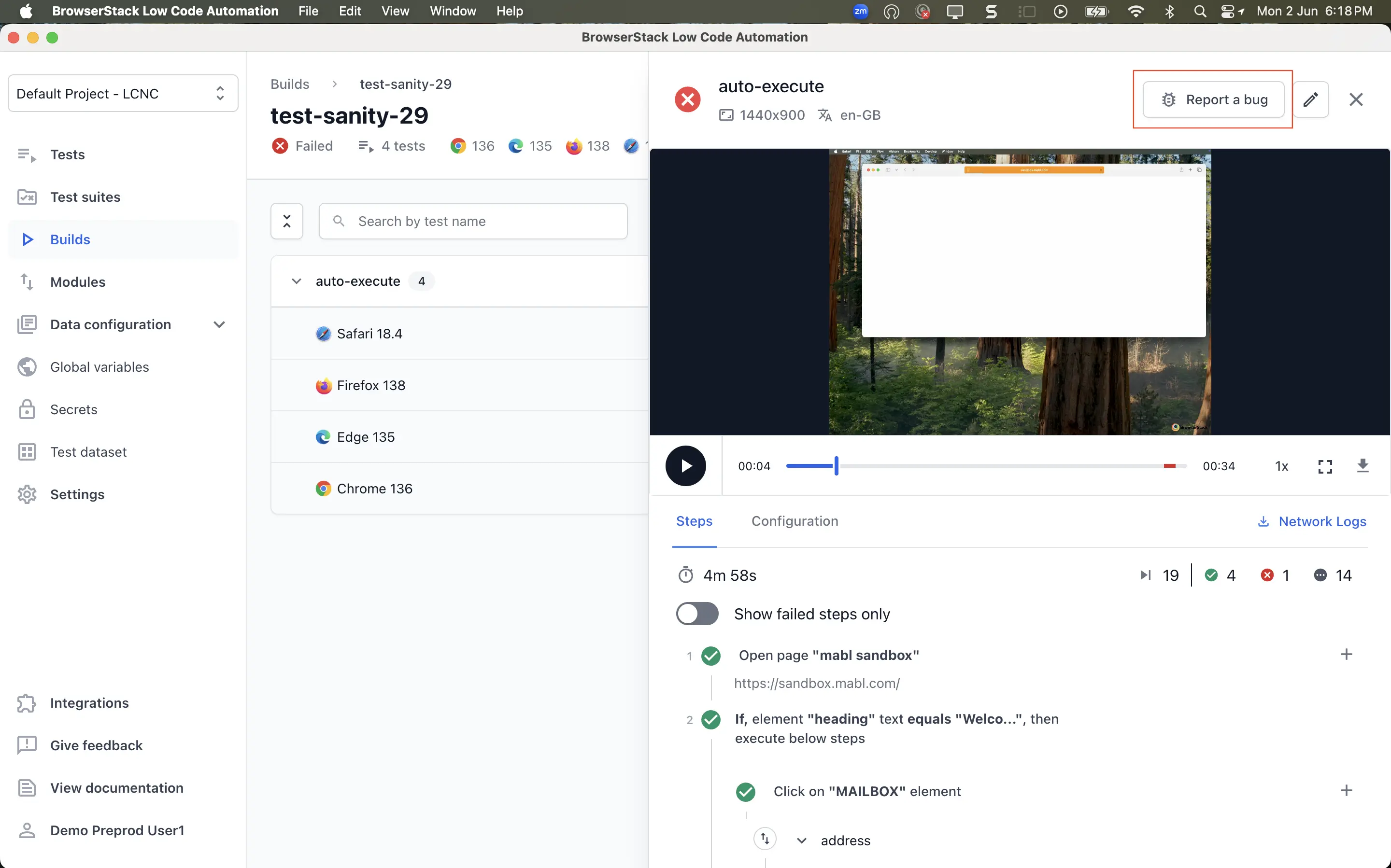Click the Report a bug button