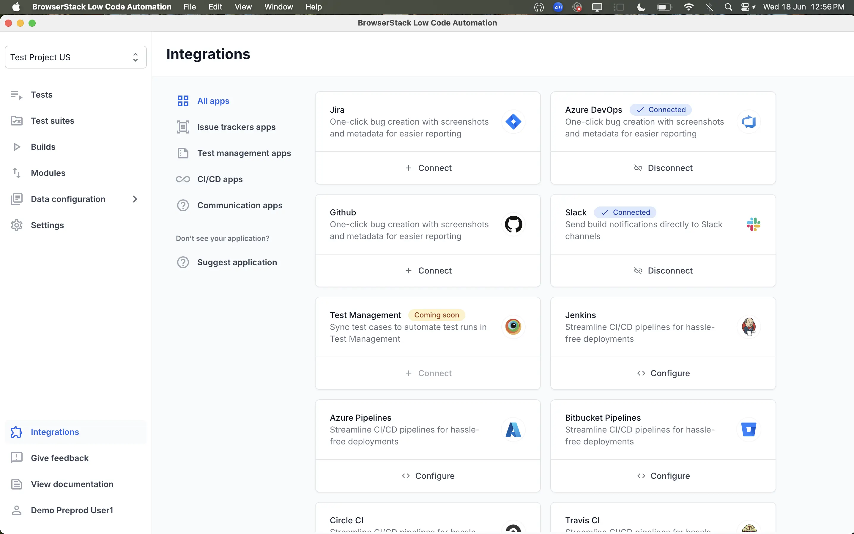 Connect GitHub on the Integrations page