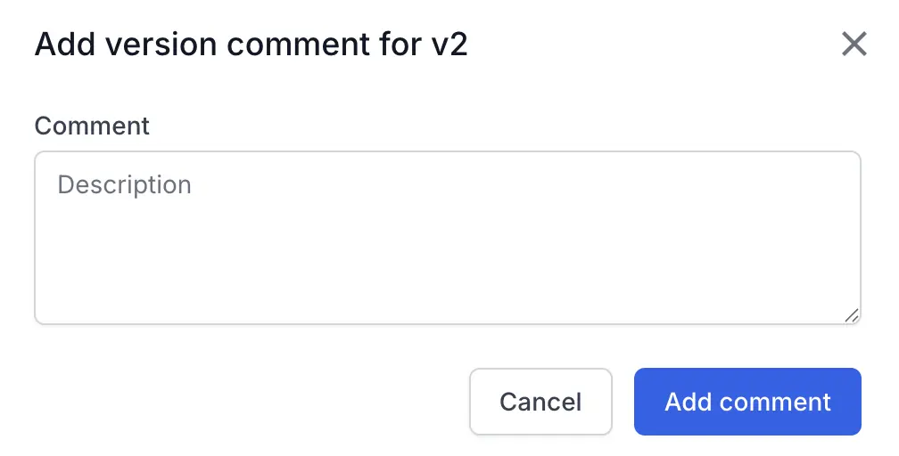 The Add version comment dialog with a Comment field for describing a module version change.