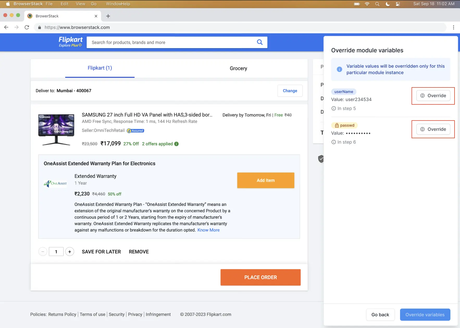 Override module variables window with Override icon highlighted beside a variable field.