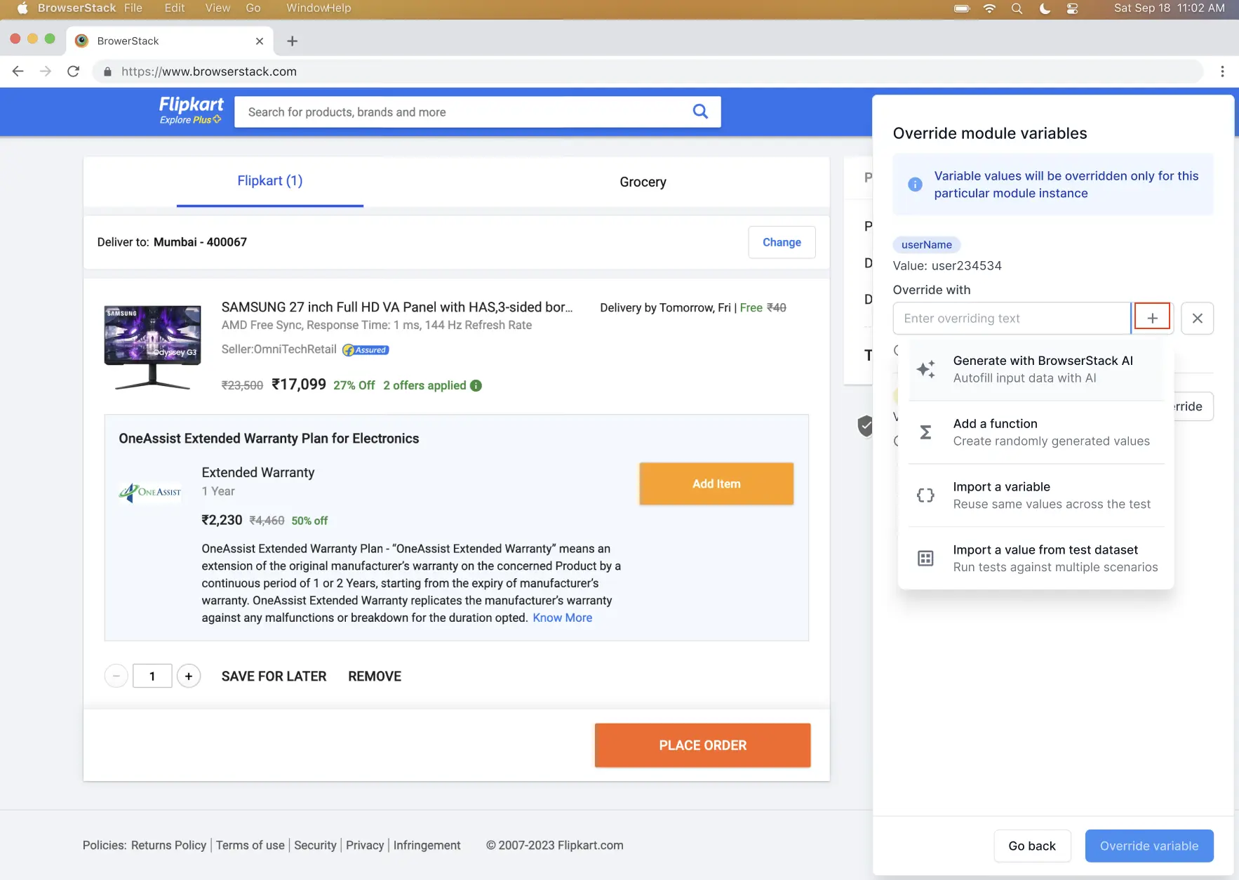 Import variable window with a plus icon and available variables list.