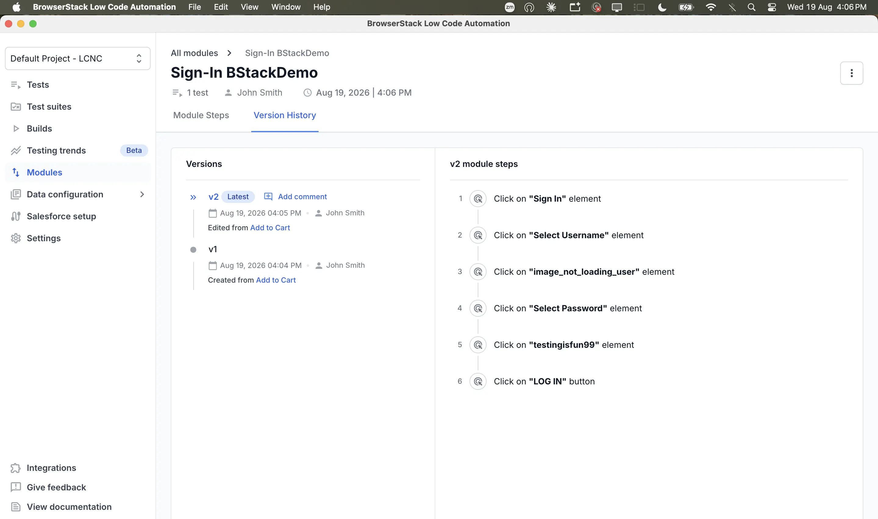 The Version history tab of a module with the version list on the left and the selected version's steps on the right.