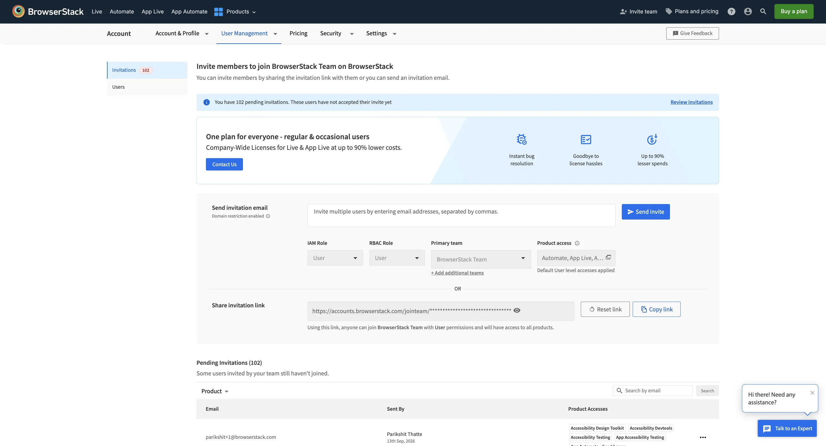 User Management page in the BrowserStack account settings used to manage teams and their parallels