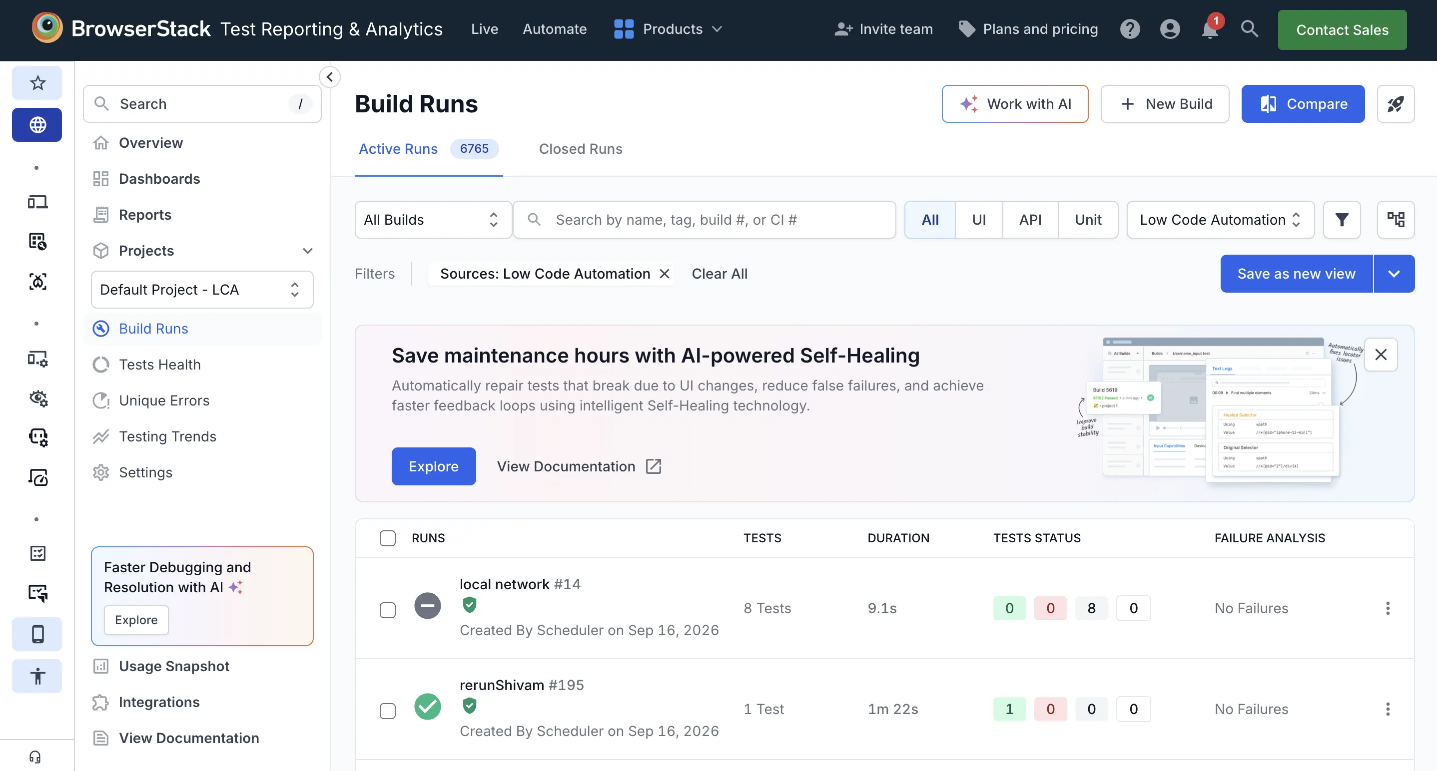 Build Runs page in Test Reporting and Analytics filtered to Low Code Automation as the source