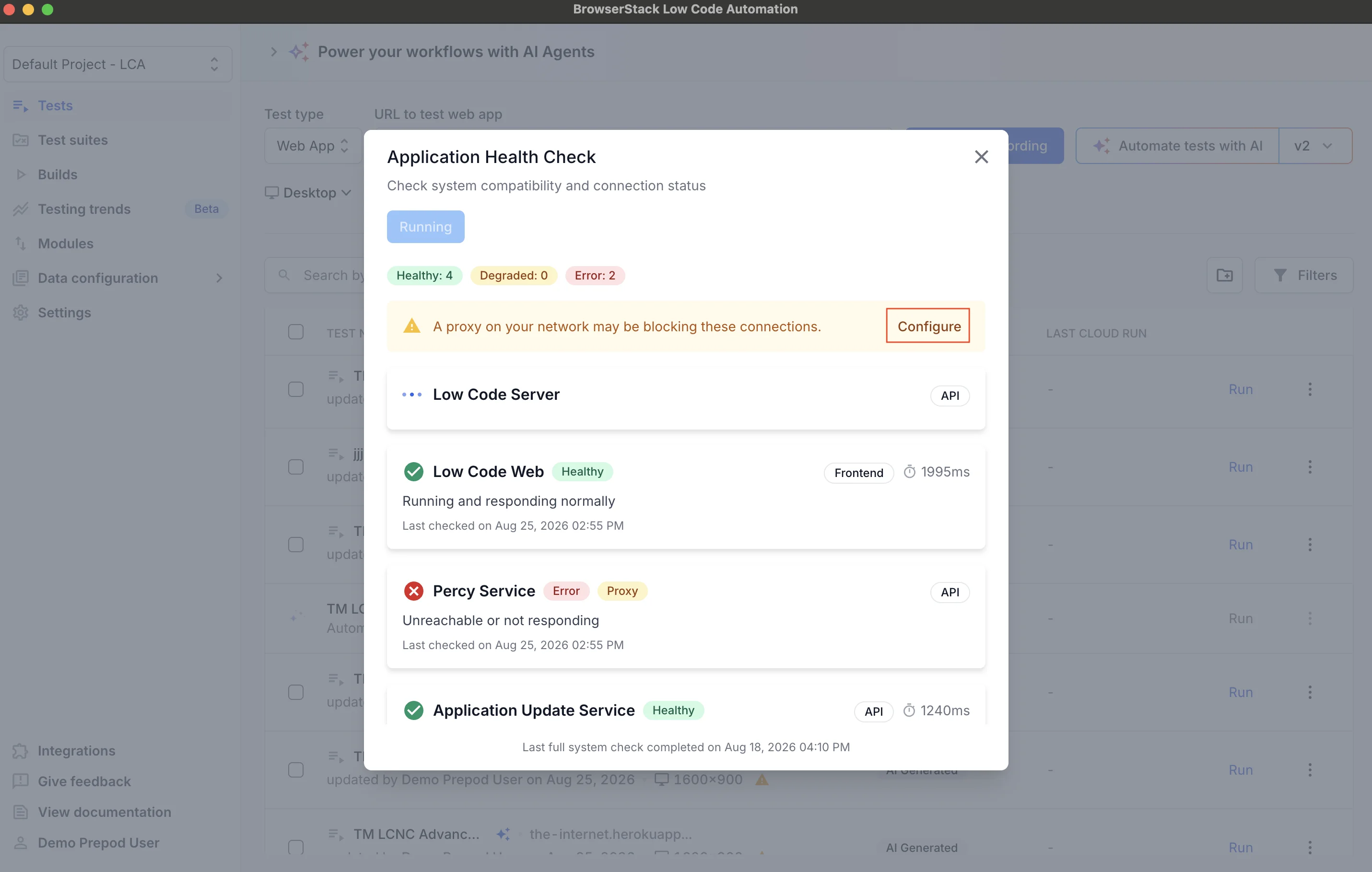 Application Health Check dialog with two services in error and a warning that a proxy may be blocking connections