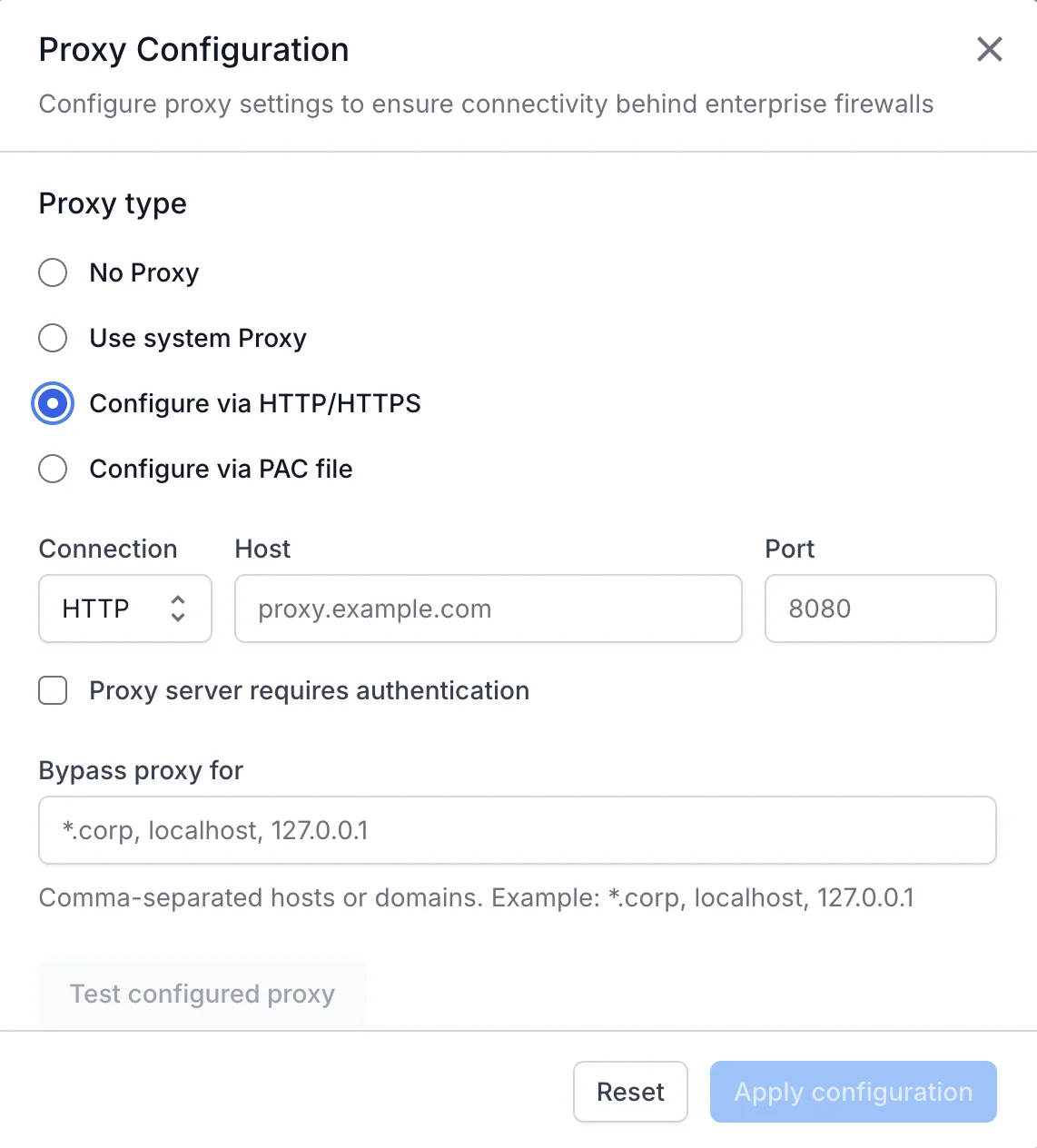 Proxy Configuration dialog with the connection, host, port, and authentication fields for an HTTP proxy