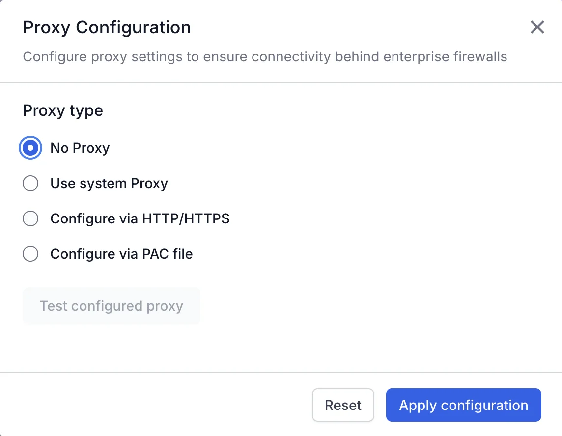 Proxy Configuration dialog with No Proxy selected and the four proxy type options listed