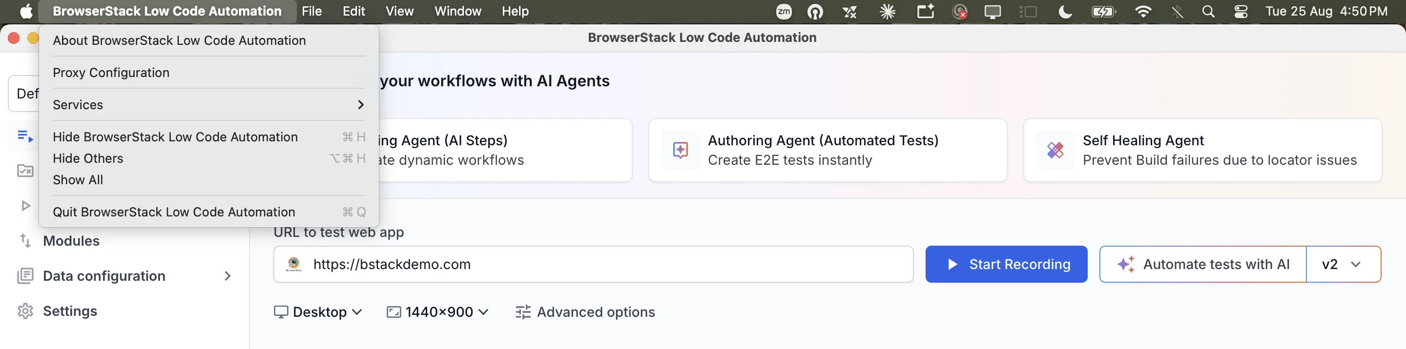 The BrowserStack Low Code Automation menu open with the Proxy Configuration option