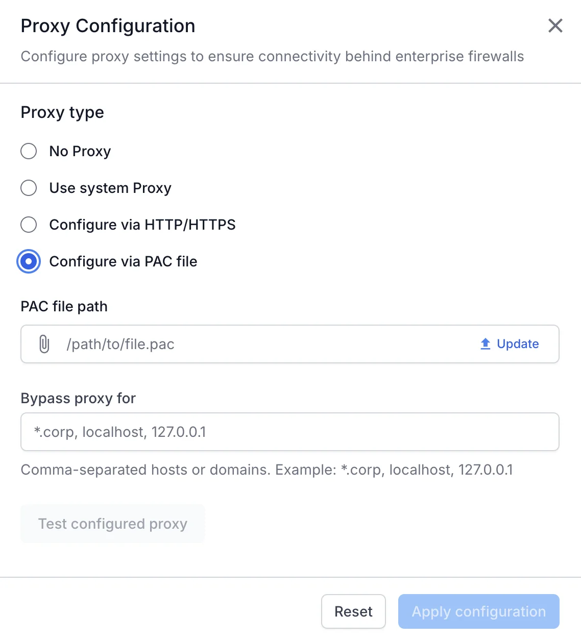 Proxy Configuration dialog with the PAC file path field and the Update option