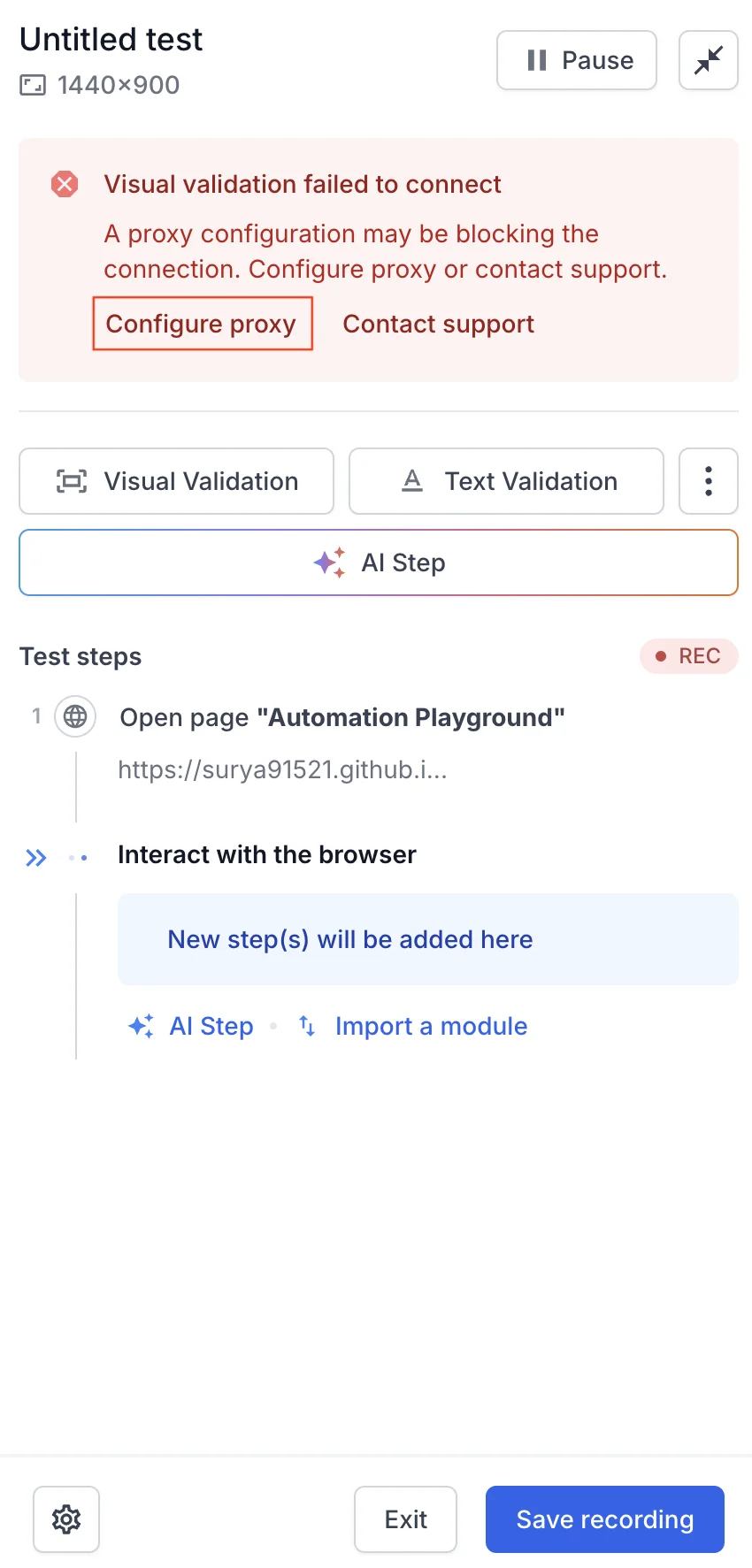 Recorder panel with a visual validation connection error and the Configure proxy option