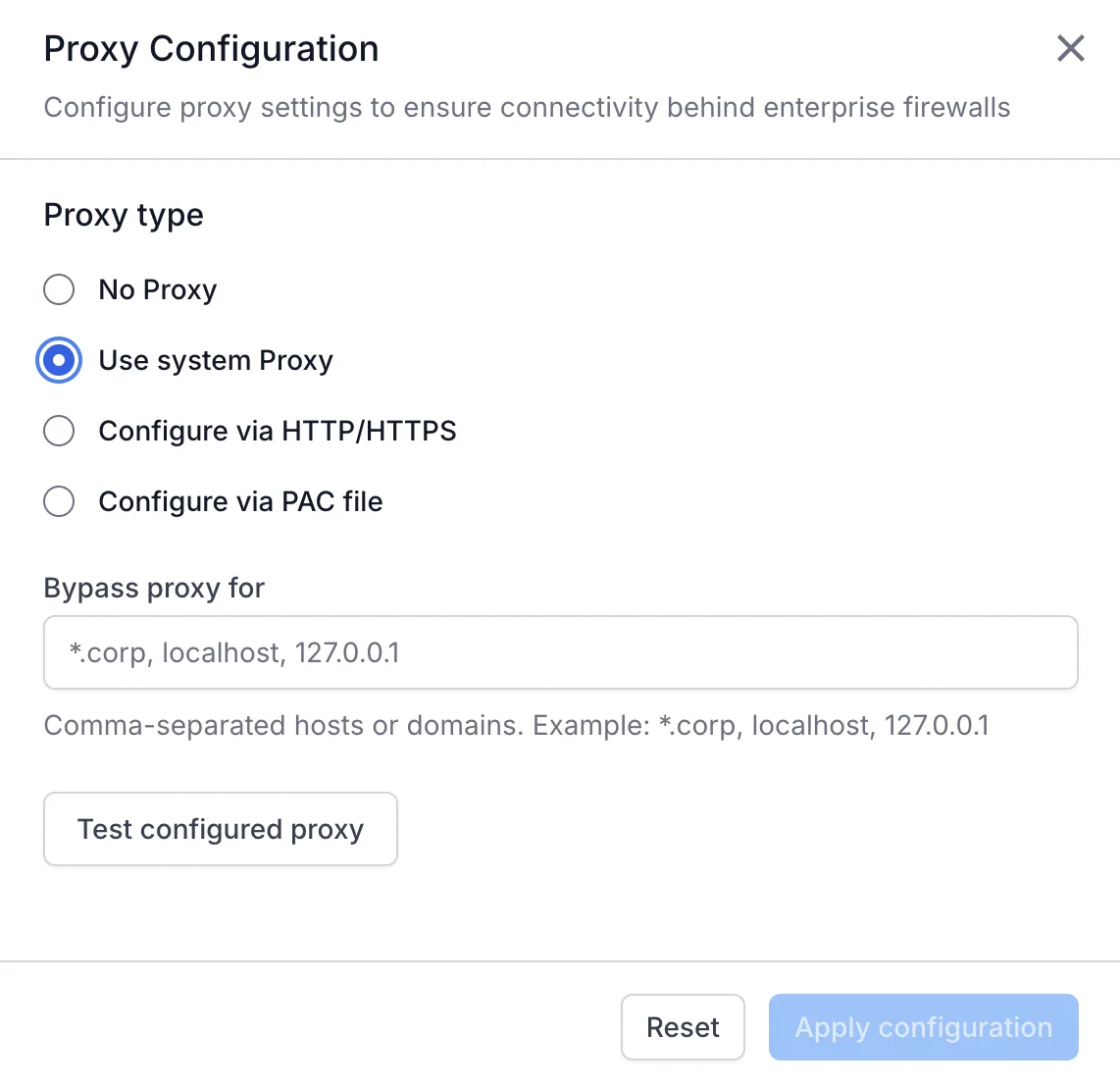 Proxy Configuration dialog with Use system Proxy selected and a connection test in progress