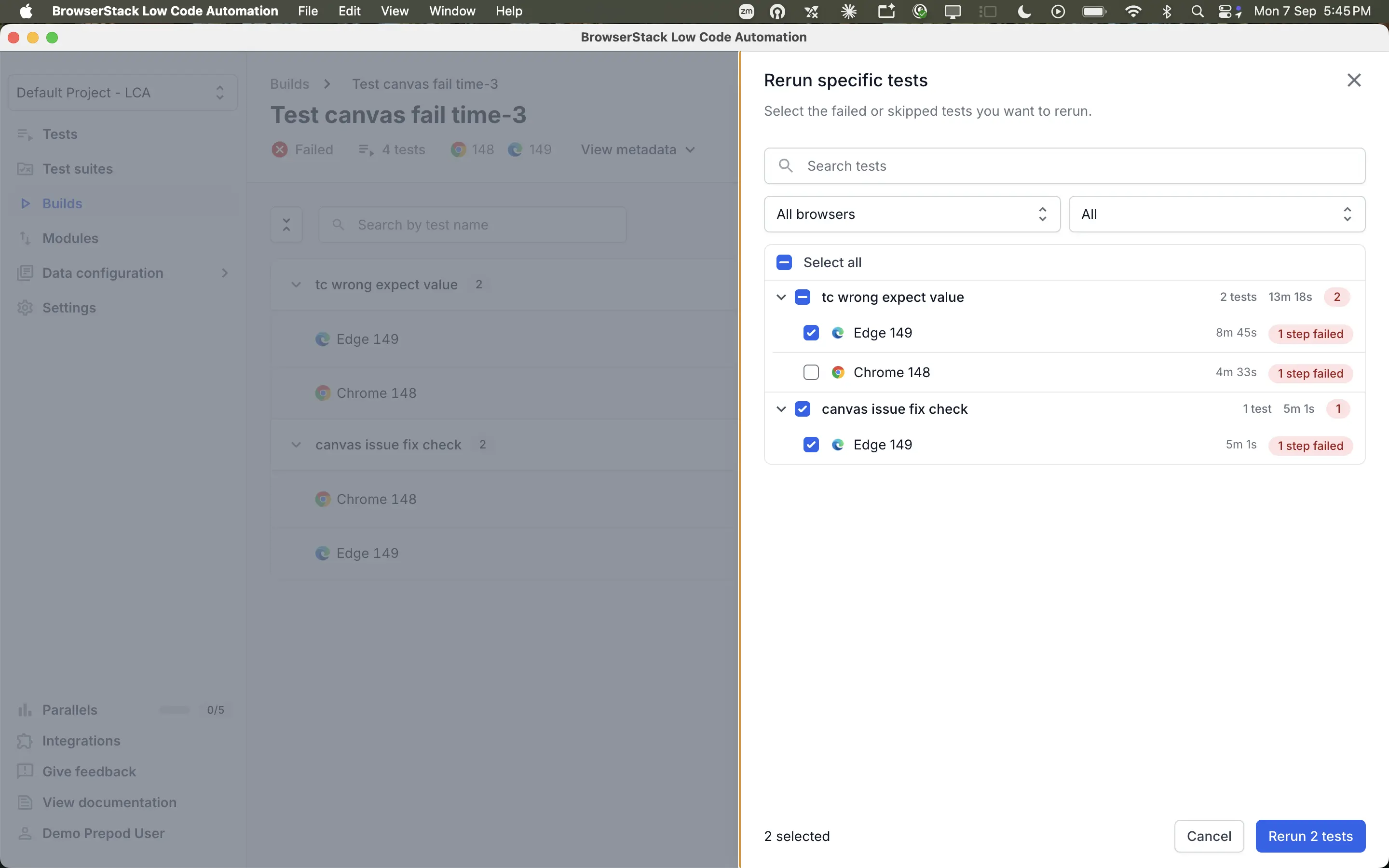 The Rerun specific tests panel listing failed test runs grouped by test name with selection checkboxes
