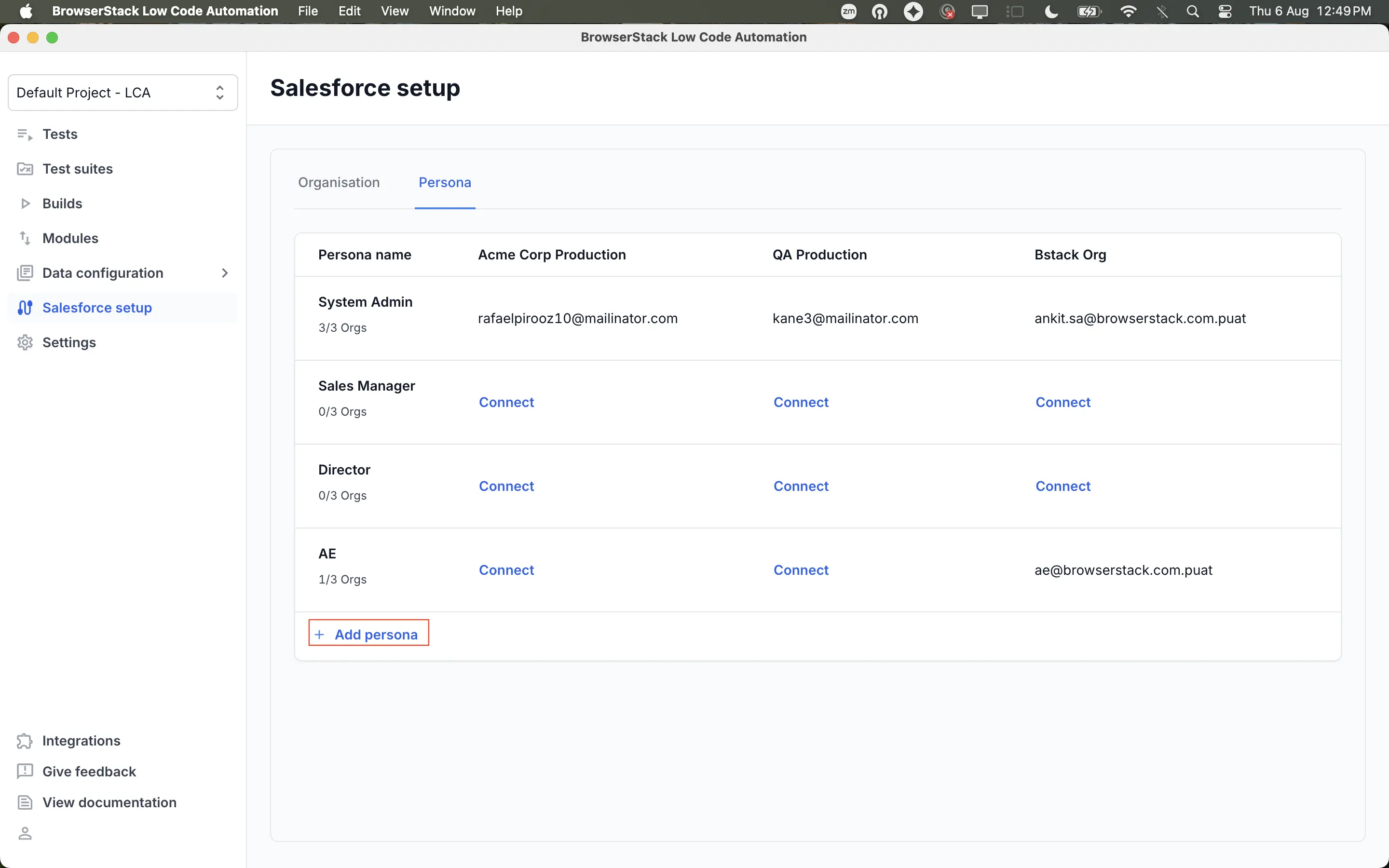 The Persona tab on the Salesforce setup page with the Add persona option highlighted